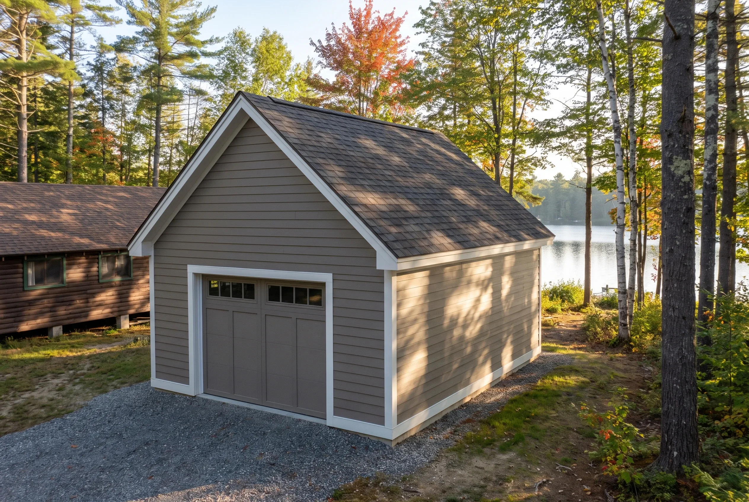 Detached two-bay garage in Fayette, ME: Gray siding garage with dark roof situated on gravel driveway among tall trees near a lake, with main house visible to the left.