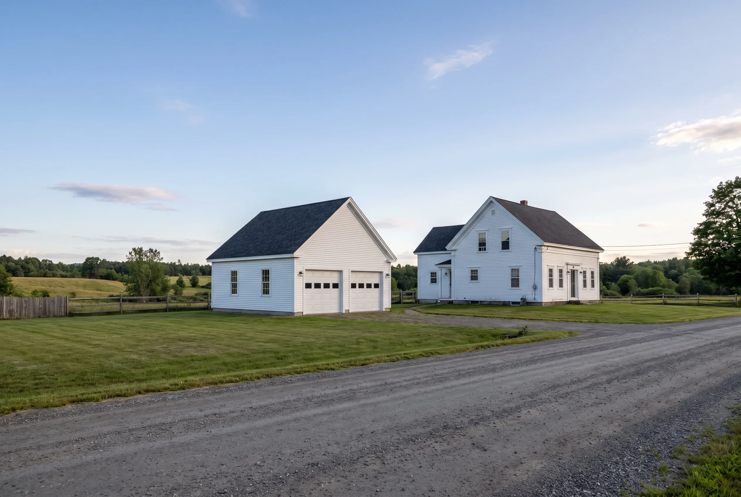 Detached two-bay garage in Fayette, ME: White garage with two bay doors, dark roof, white siding, situated on grassy rural property next to a white farmhouse.