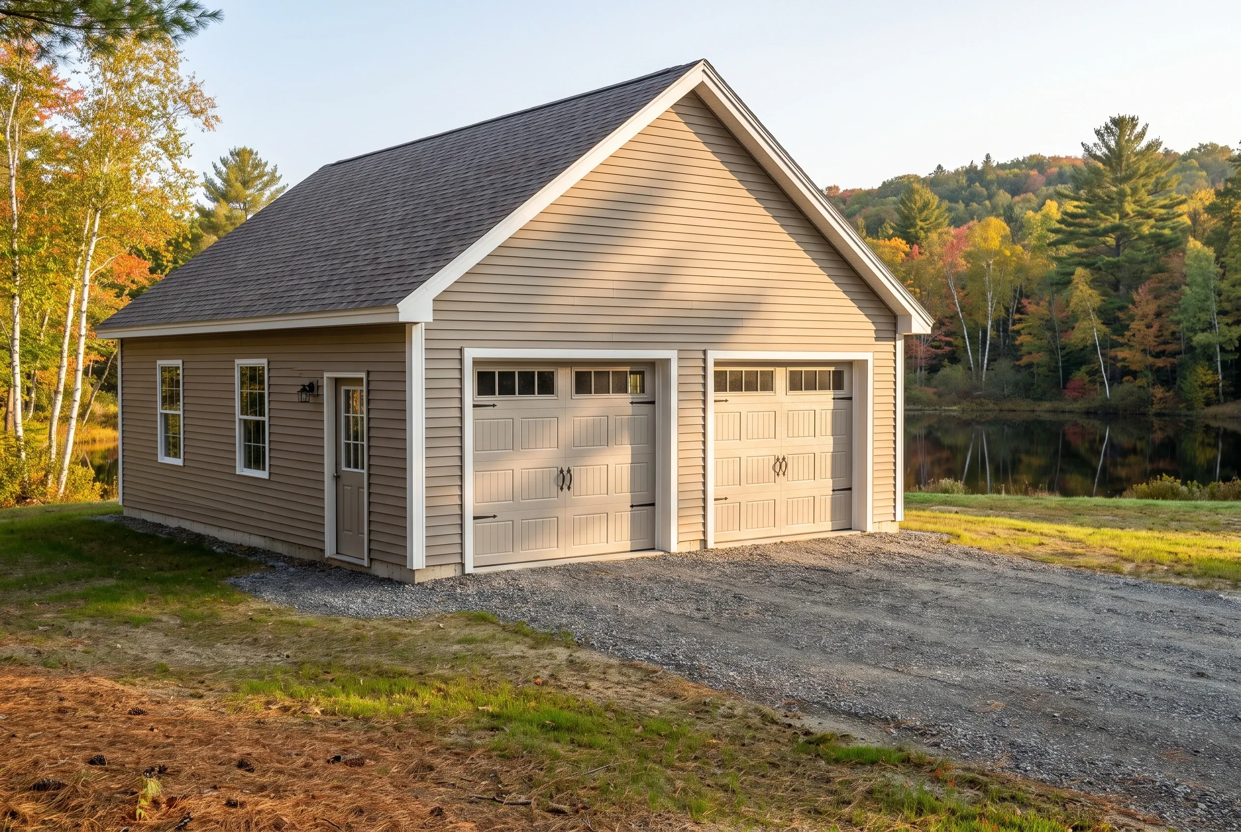 Garage builders in Fayette, ME: Two-bay garage with tan vinyl siding, white trim, dark roof, and gravel driveway beside a lake with autumn forest.