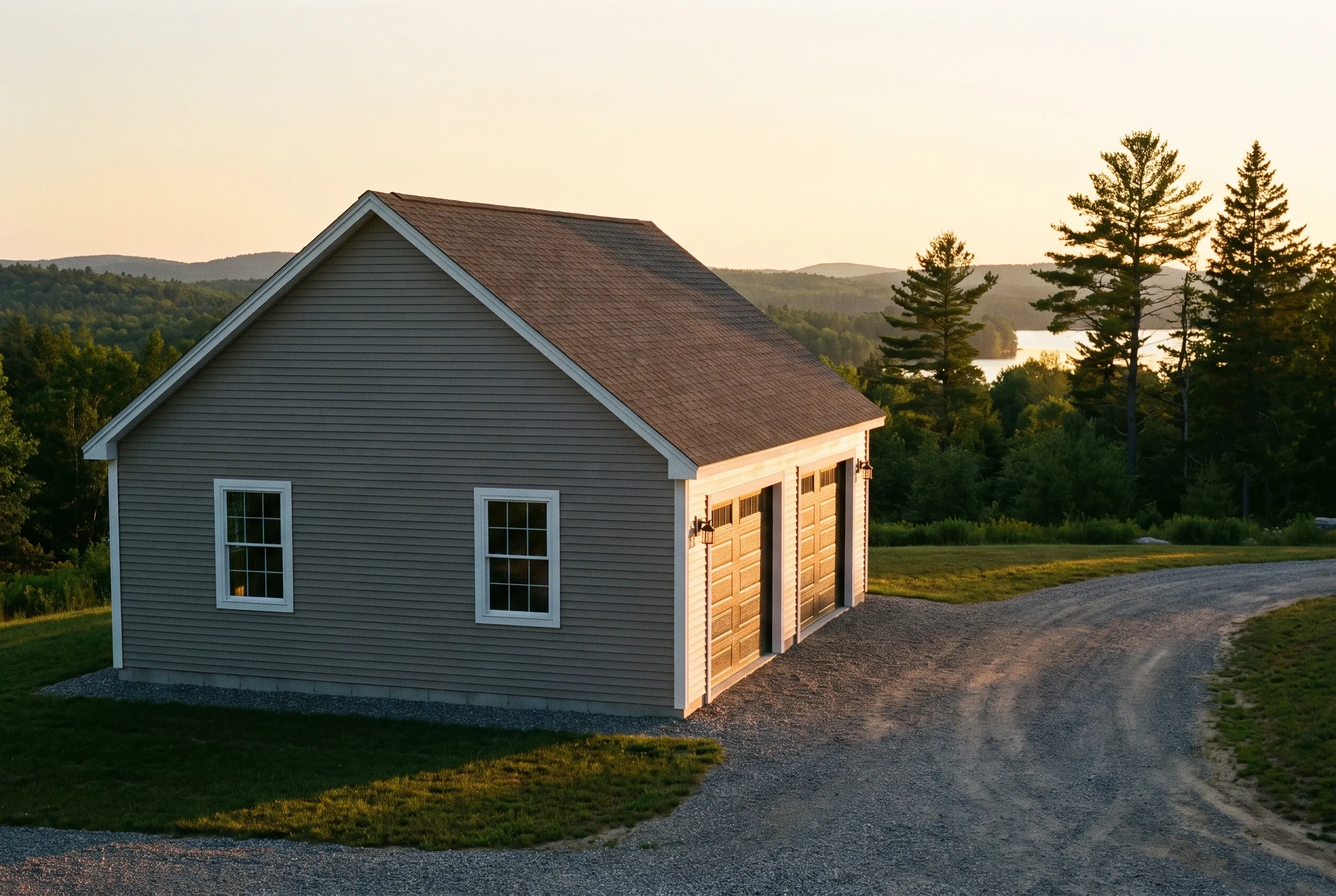 Detached two-bay garage in Fayette, ME: Gray vinyl-sided garage with brown shingle roof and wooden overhead doors beside a gravel driveway, forested hills and a lake visible in the background at sunset.