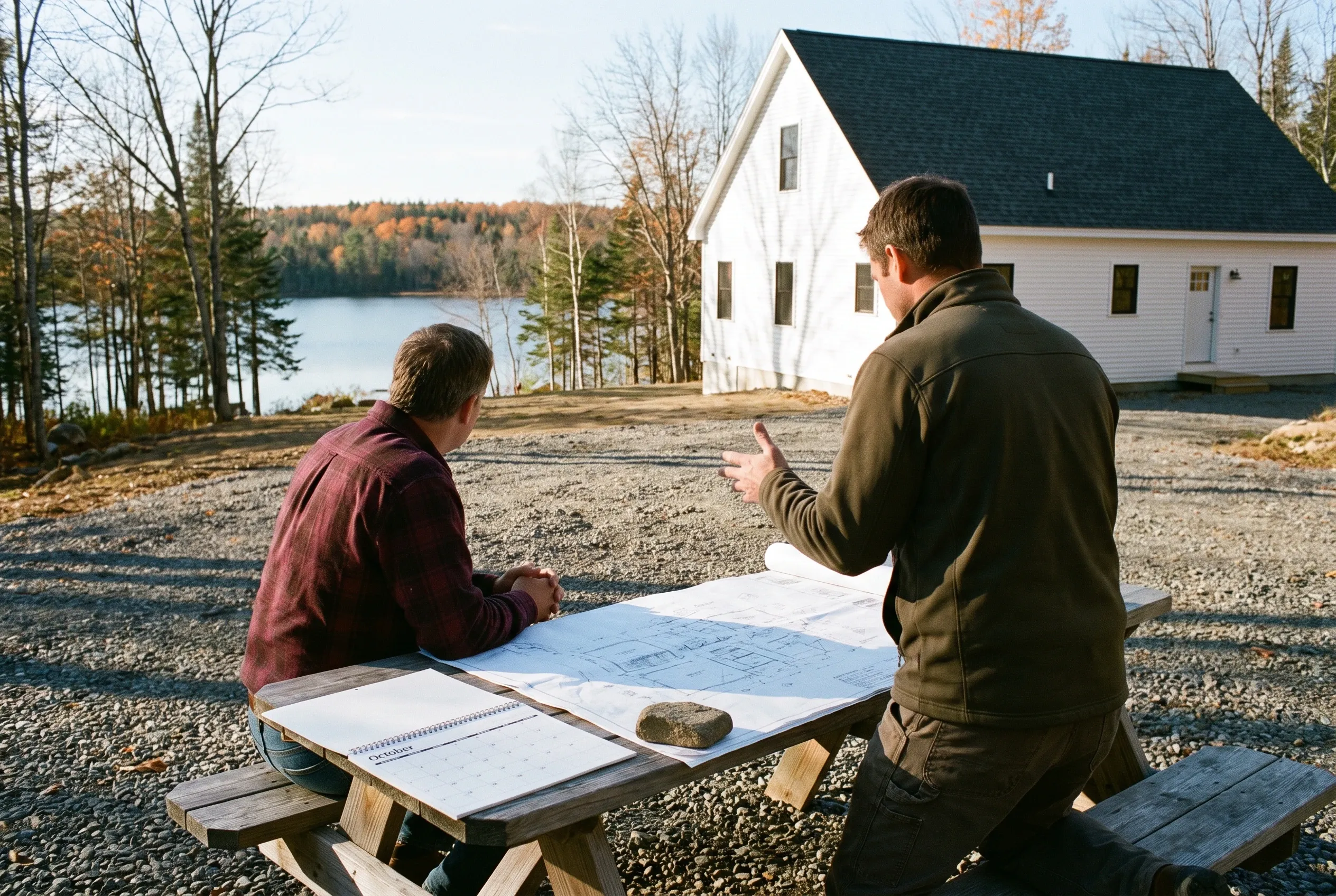 Detached two-bay garage in Fayette, ME: Two men review blueprints at a picnic table in front of a white garage with dark roof beside a lake and forested shoreline.