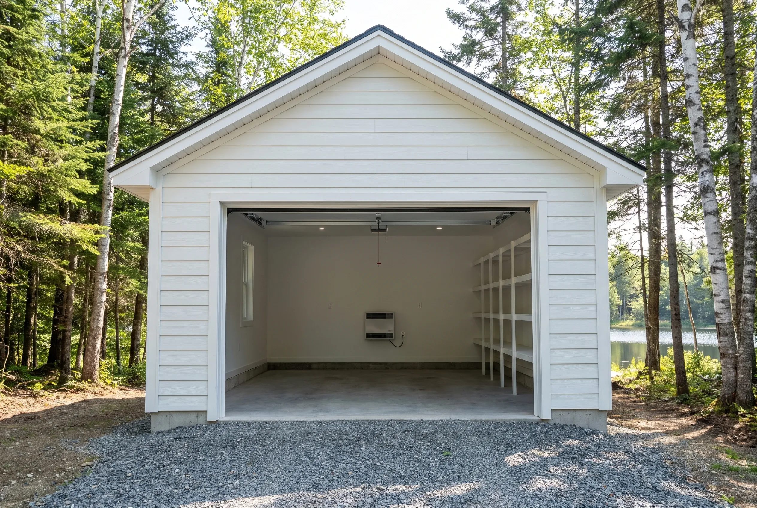 Detached single-bay garage in Fayette, ME: White sided garage with dark roof and open garage door, surrounded by evergreen and birch trees with water visible in background.