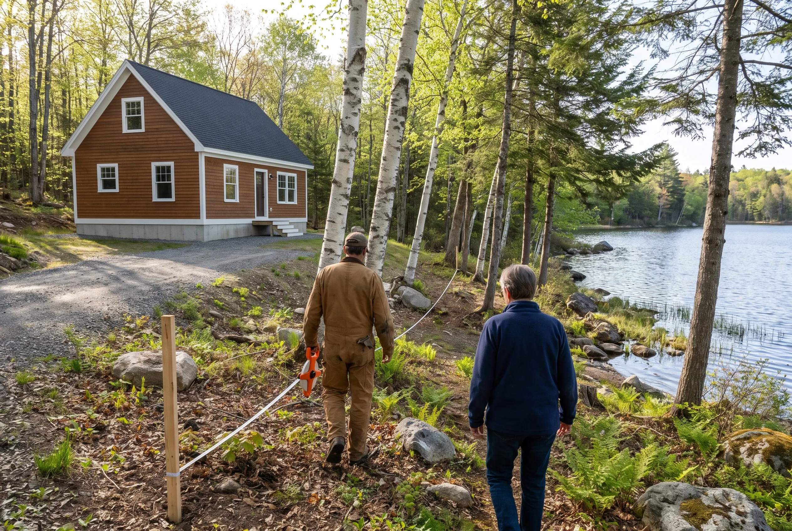 Residential cabin in Fayette, ME: Brown wood-sided cabin with dark roof near lake, two people walking on gravel path toward building through birch and evergreen trees.