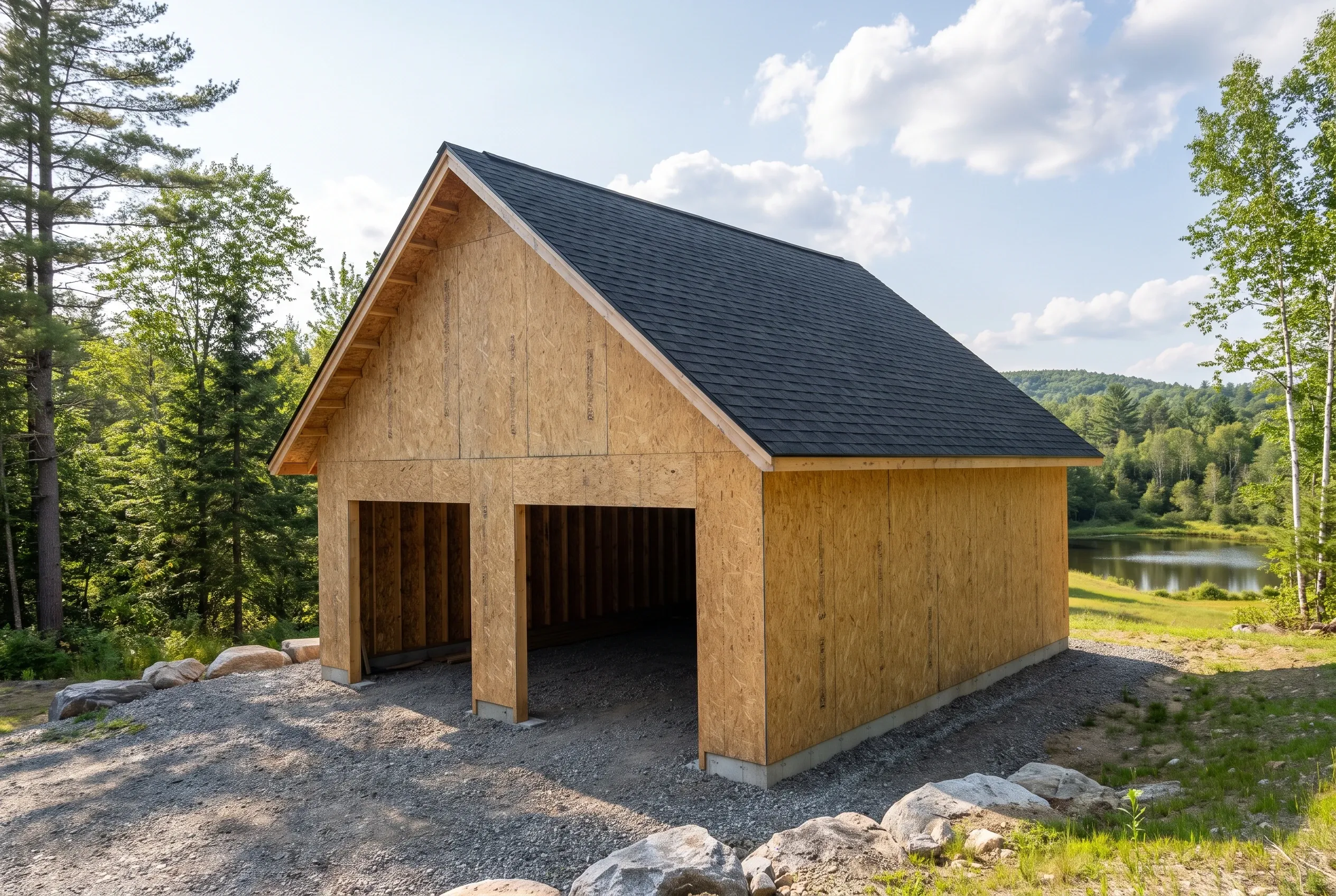 Two-bay garage in Fayette, ME: New wood-sided garage with black roof situated on gravel near forested shoreline with lake visible in background.