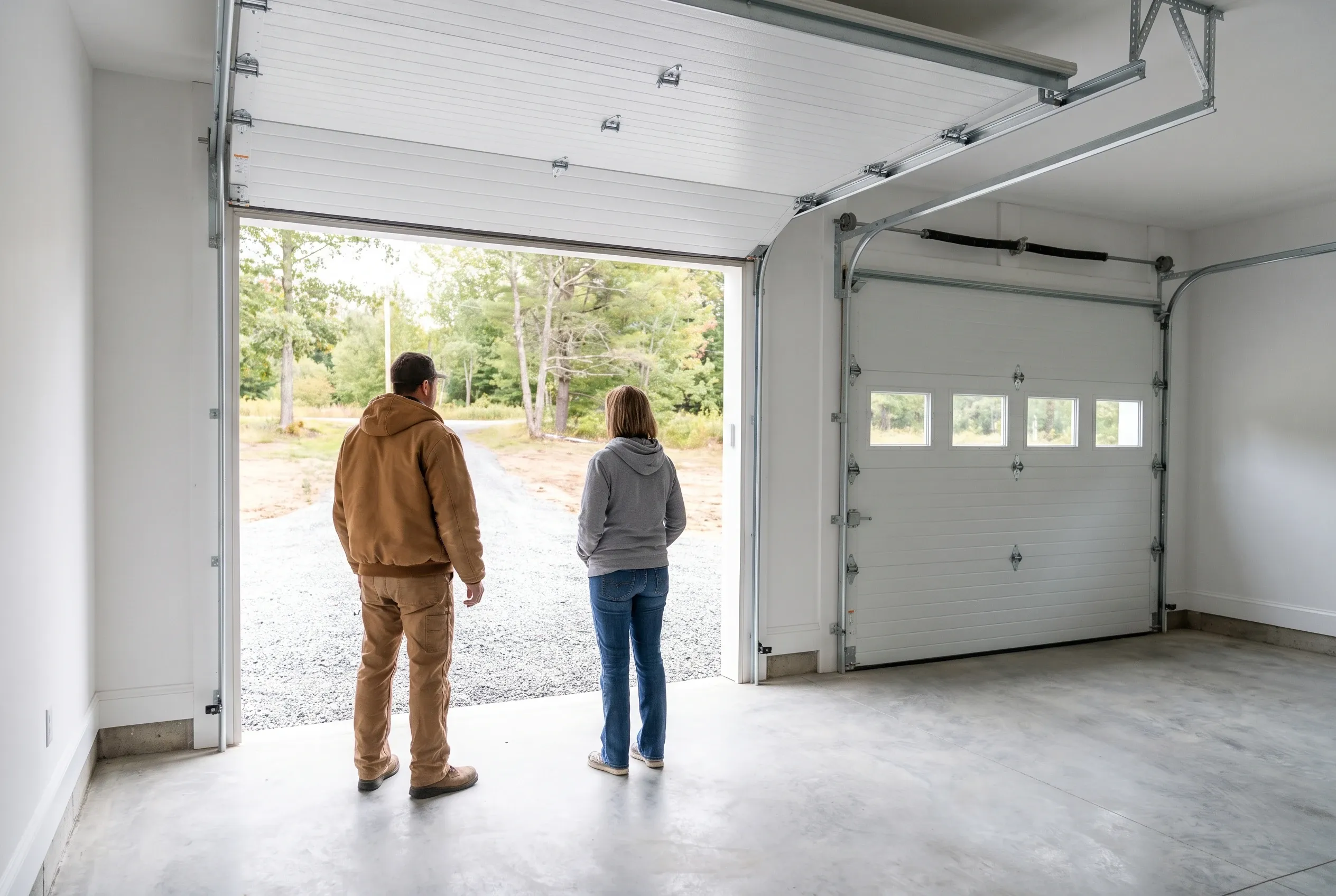 Detached two-bay garage in Fayette, ME: Two people stand inside an open garage looking out at a gravel driveway and wooded lot. White siding and roof visible.