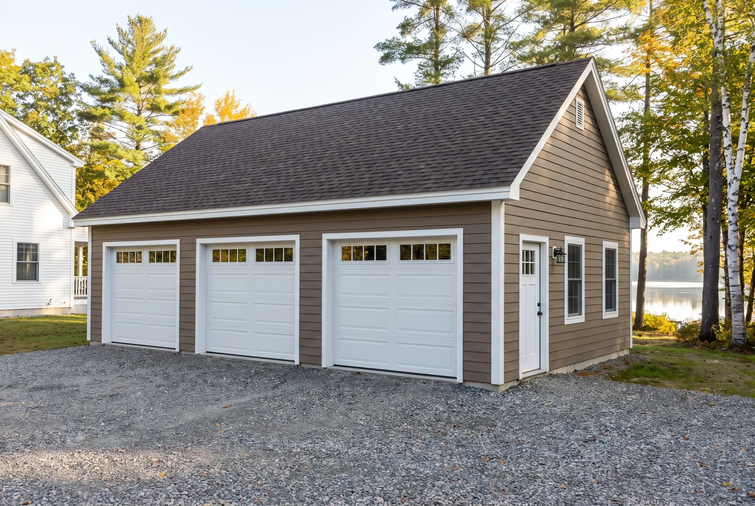 Three-bay detached garage in Fayette, ME: Tan vinyl-sided garage with three white overhead doors, dark asphalt shingle roof, white trim, and an entry door, situated on gravel driveway near trees and water.