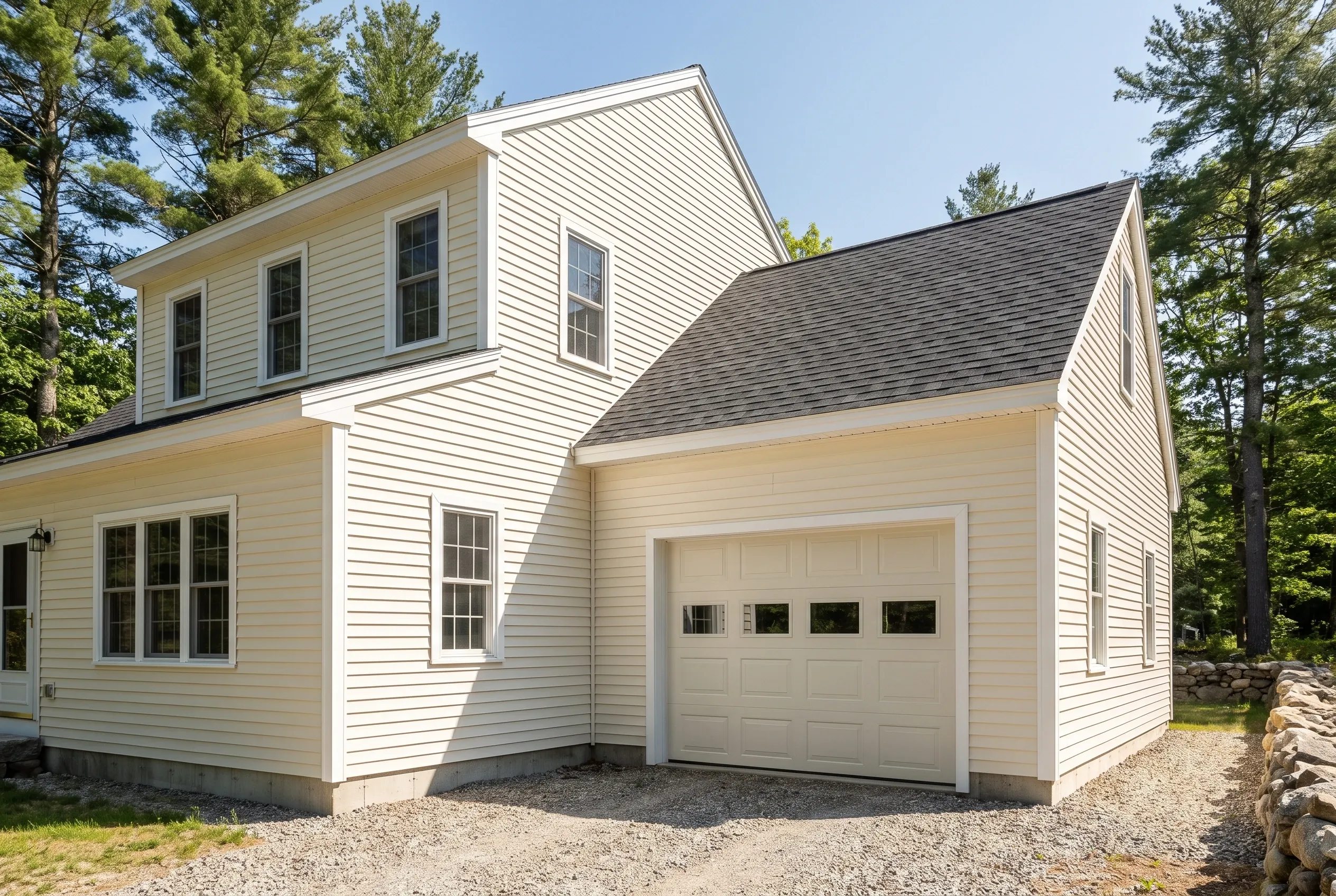 Detached two-bay garage in Gardiner, ME: White vinyl-sided garage with dark asphalt shingle roof, two garage bays with windows, attached to a two-story house, surrounded by tall pine trees and gravel driveway.