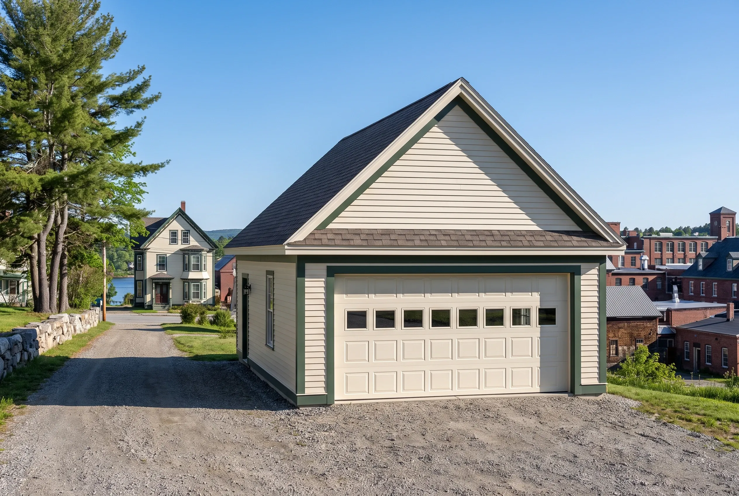 Two-bay detached garage in Gardiner, ME: A two-bay garage with light gray horizontal siding and dark roof sits on a gravel driveway, with historic buildings and trees visible in the background under clear sky.