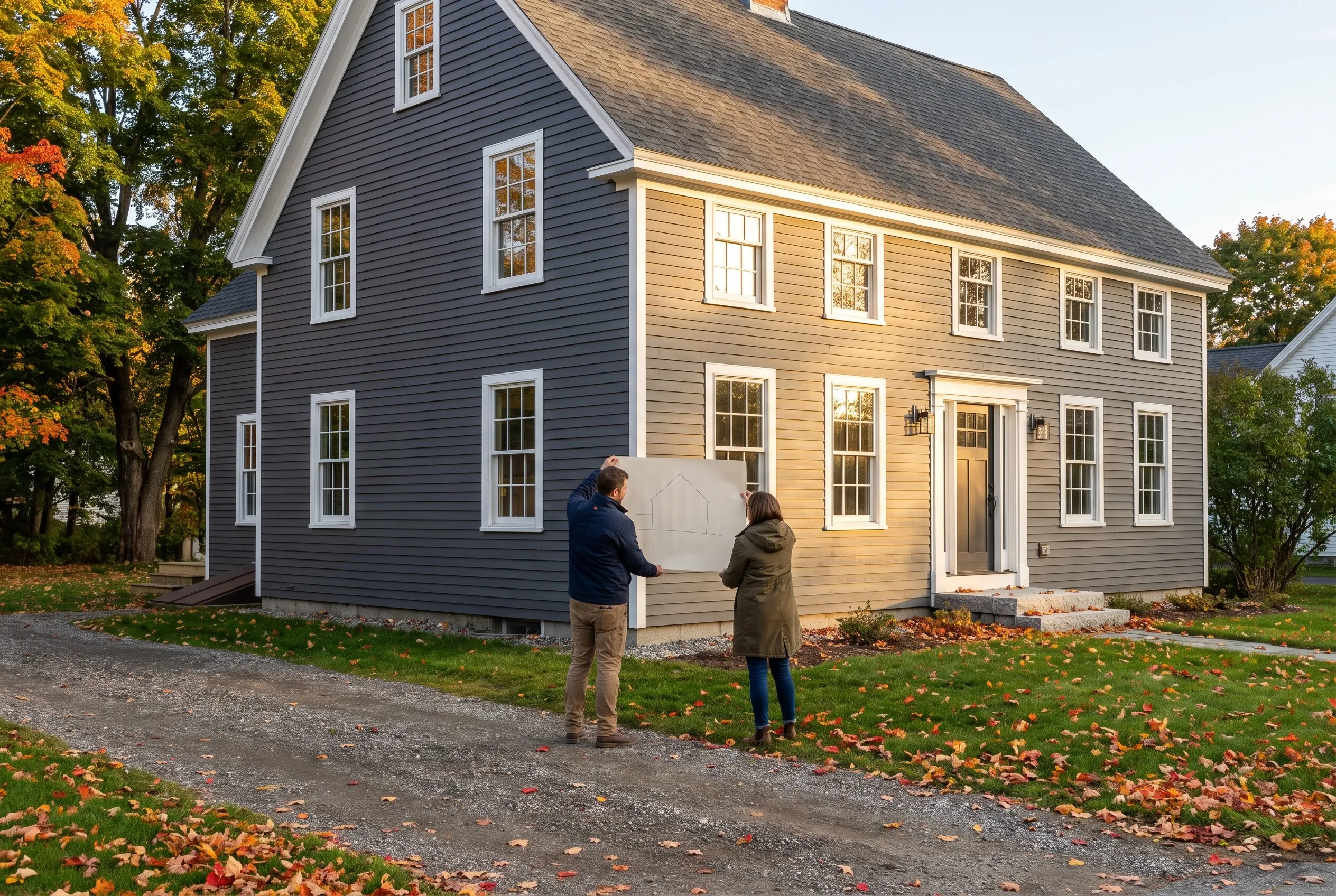 Two-story colonial home in Gardiner, Maine: Navy and tan sided house with white trim and dark roof. Two people standing in driveway holding a sign. Fall foliage and trees in background.