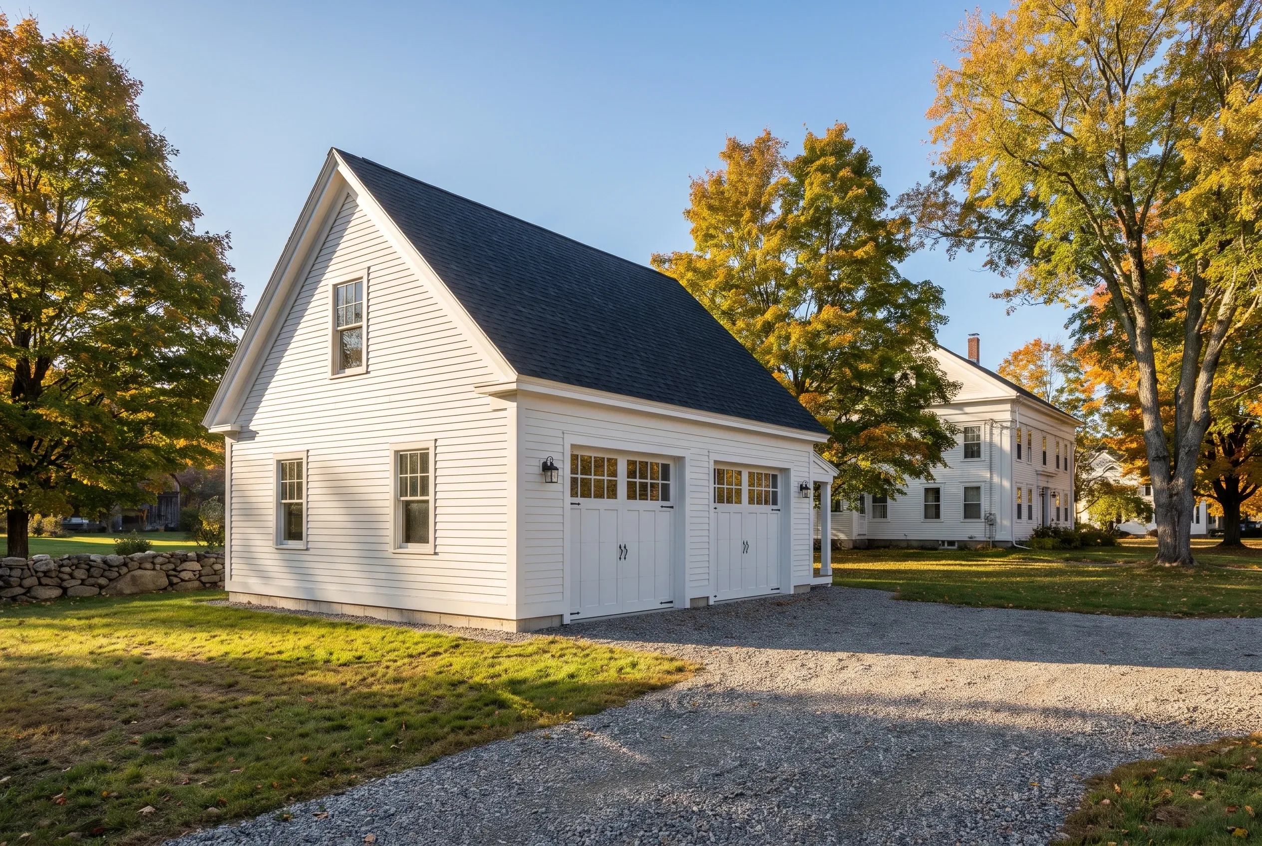 Garage builders in Gardiner, ME: White two-bay garage with black roof, white trim, and vinyl siding in autumn setting with large trees and farmhouse in background.