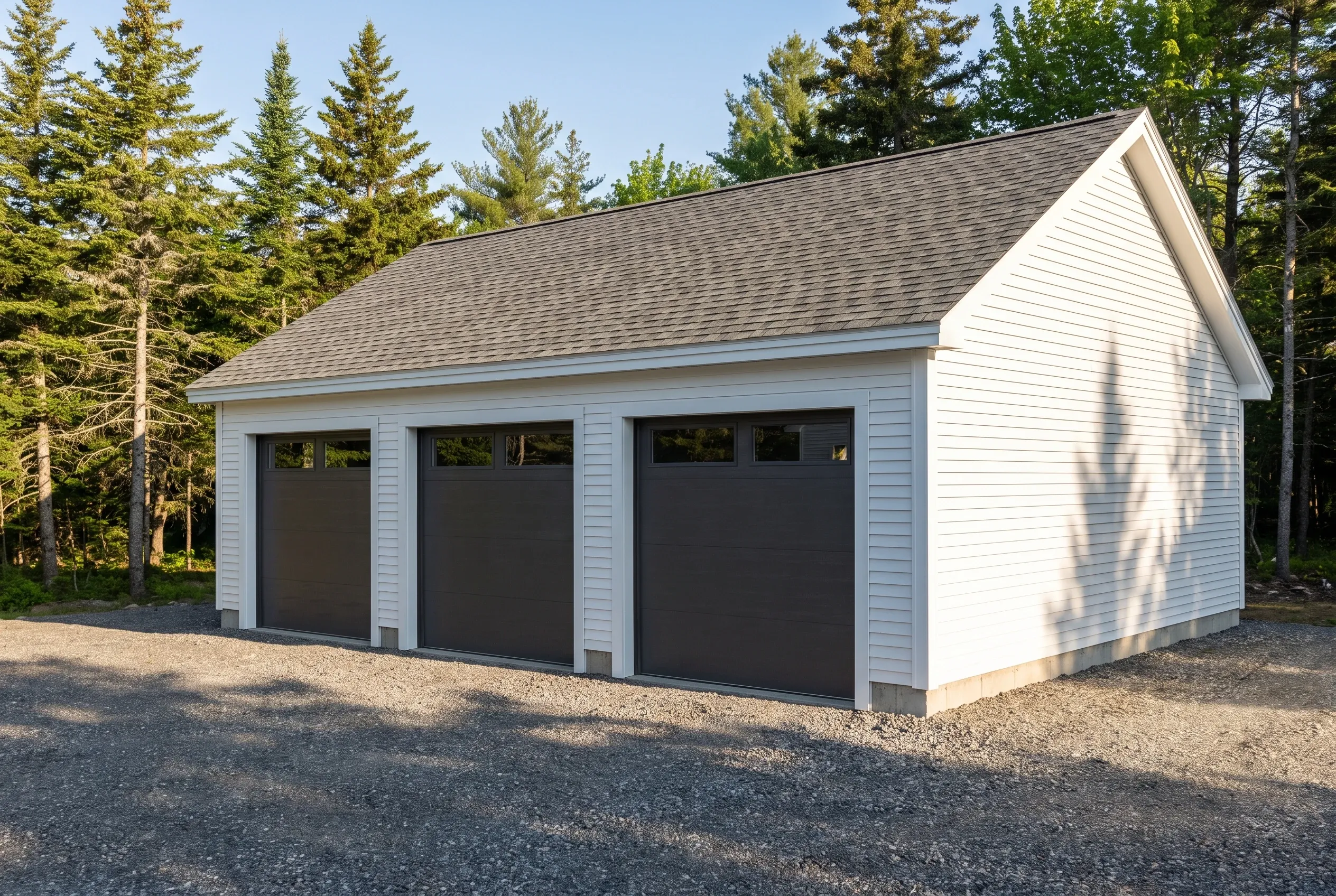 Three-bay detached garage in Gardiner, Maine: White vinyl-sided garage with dark gray doors, gray shingled roof, gabled entry, surrounded by evergreen trees and gravel driveway.