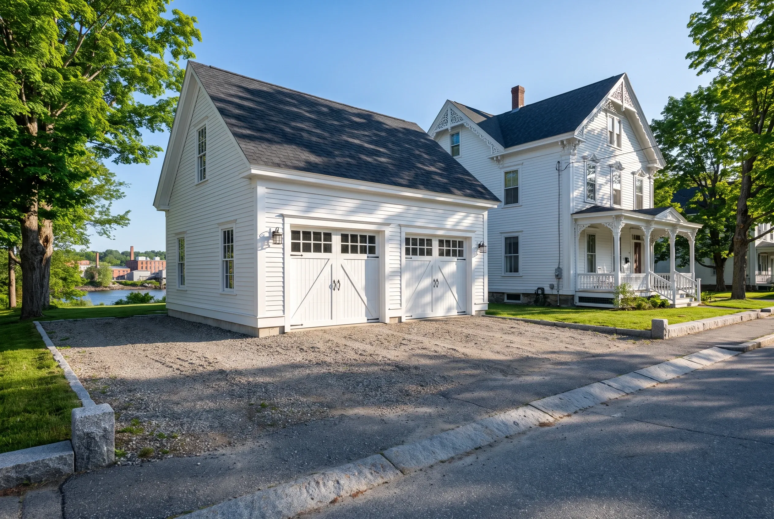 Two-bay detached garage in Gardiner, Maine: White wooden two-bay garage with dark roof next to Victorian house on tree-lined property overlooking water.