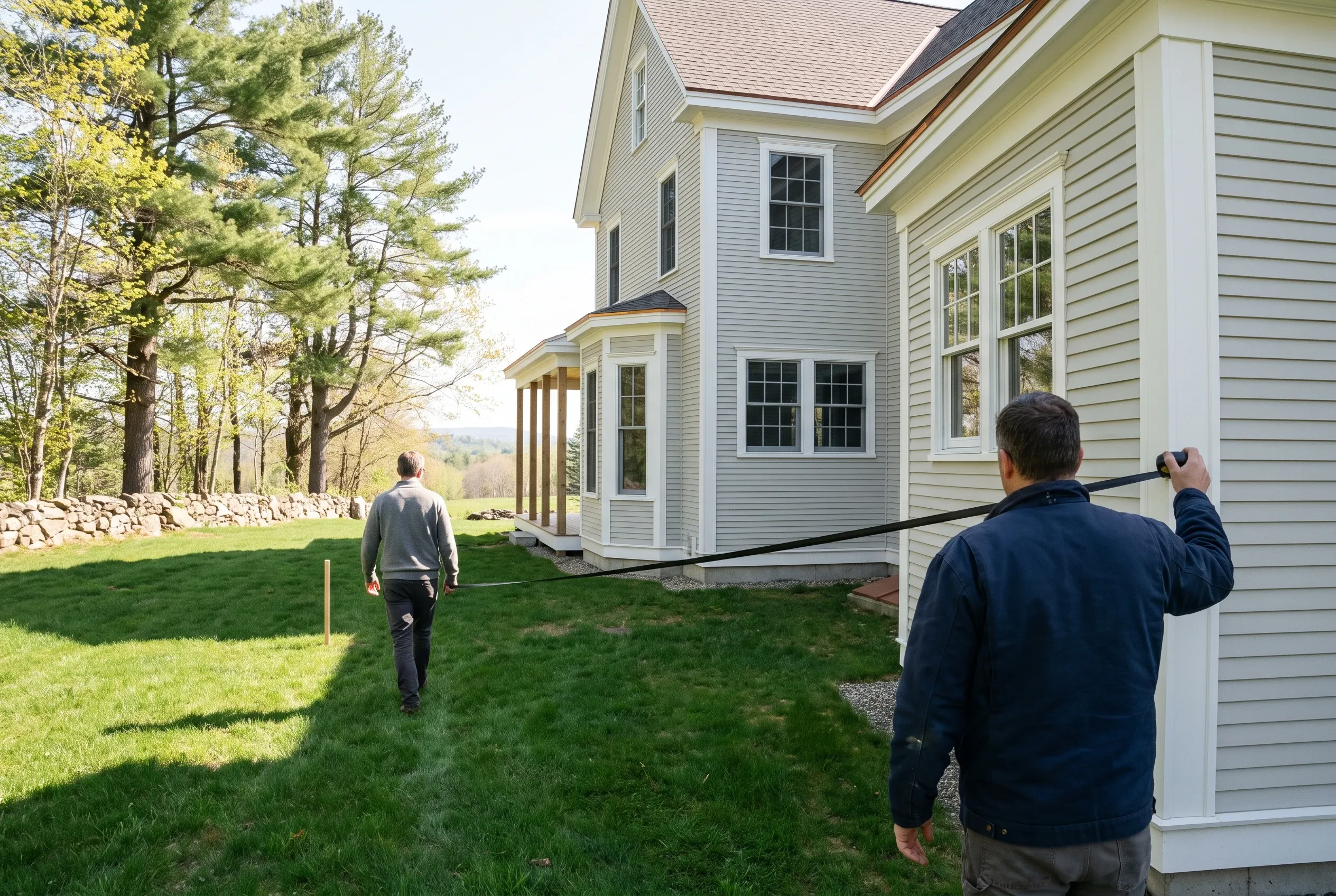 Detached two-bay garage in Gardiner, Maine: Two people measure the exterior of a white-sided garage with a gabled roof attached to a residential home, surrounded by green lawn and evergreen trees.