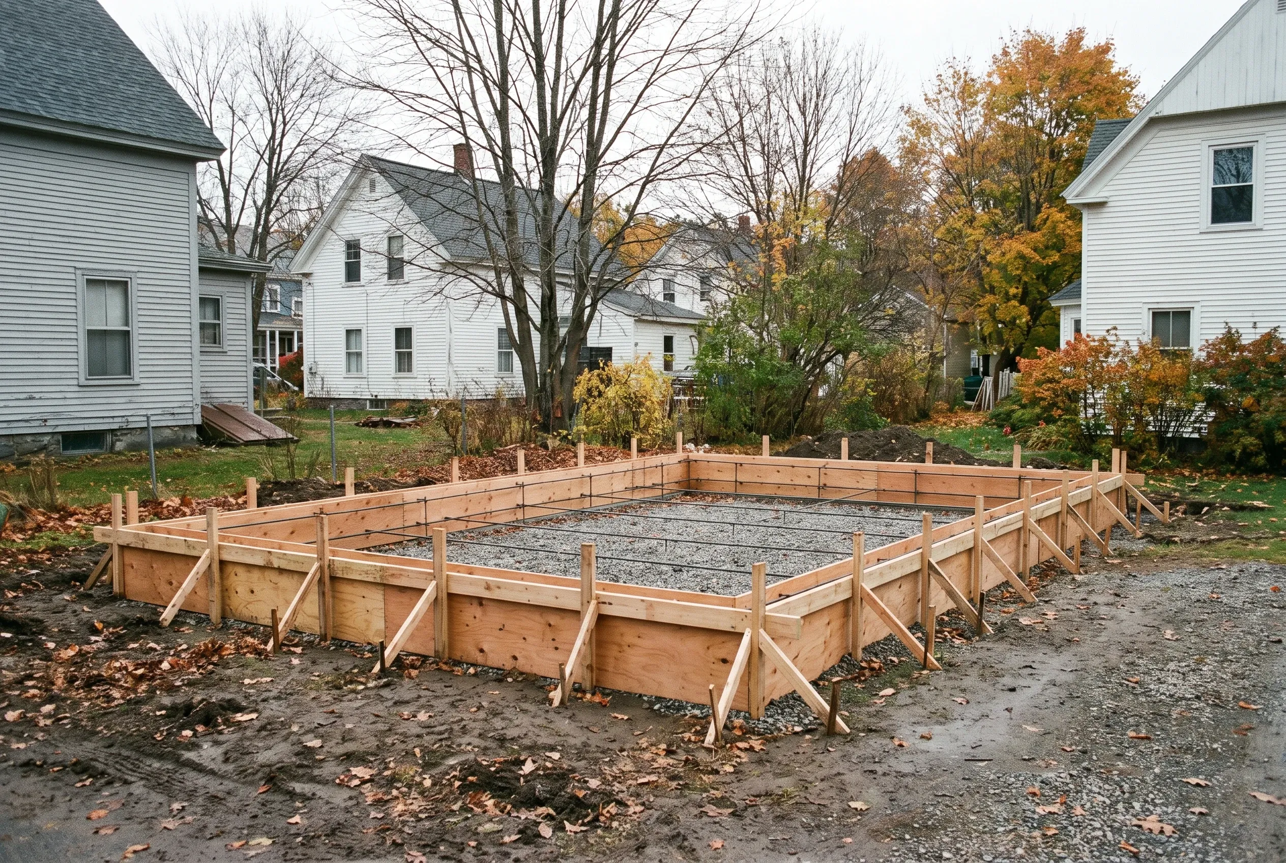 Raised garden beds in Gardiner, Maine: Large wooden planter boxes with gravel interior in residential yard surrounded by white houses and autumn trees.