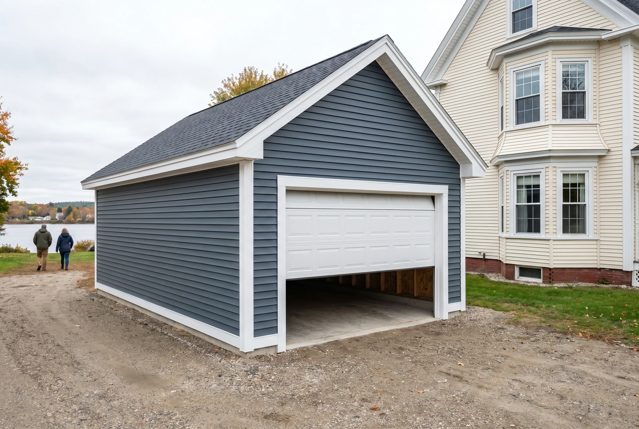Detached single-bay garage in Gardiner, Maine: Dark gray vinyl-sided garage with white trim and dark roof next to cream-colored house. Two people walking by the water in background.