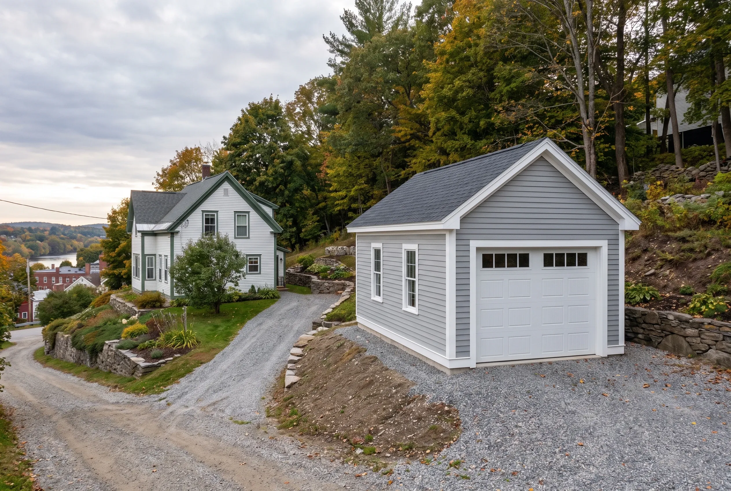 Detached two-bay garage in Hallowell, Maine: White vinyl-sided garage with gray roof situated on gravel driveway beside white farmhouse on hillside surrounded by trees.