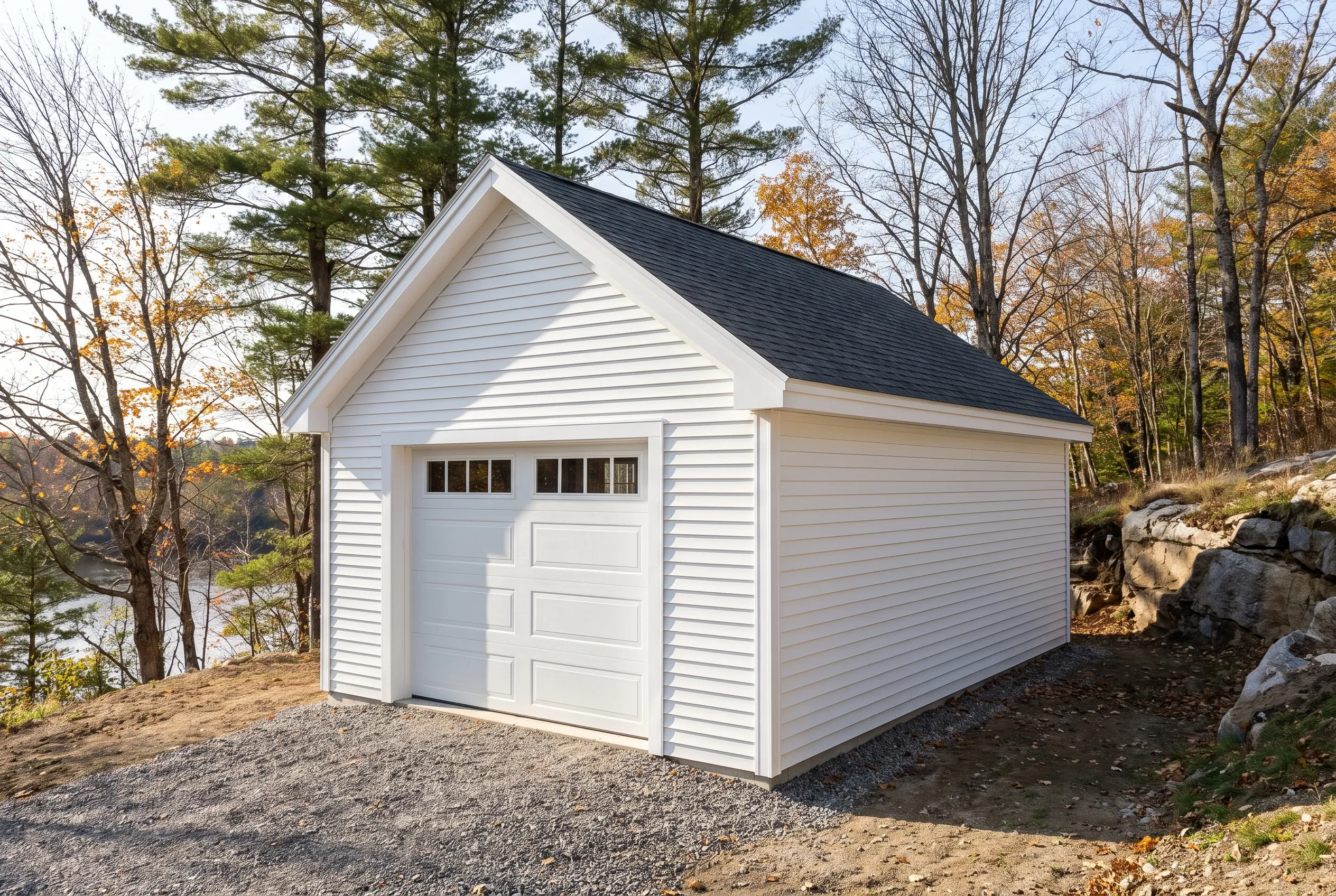 Garage builders in Hallowell, ME: Single bay garage with white vinyl siding and black asphalt roof on gravel driveway surrounded by trees and rocky terrain near water.
