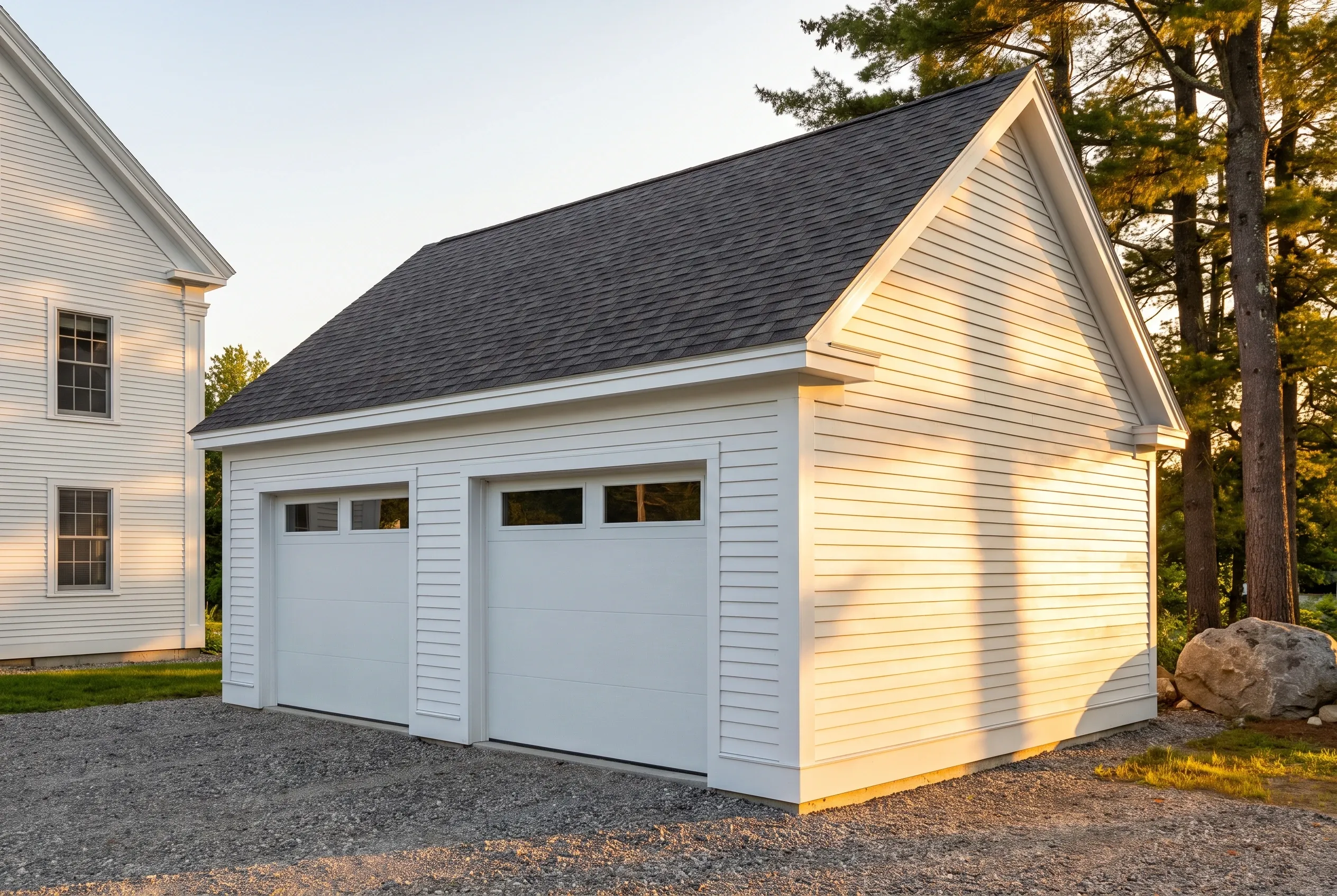 Two-bay detached garage in Hallowell, Maine: White two-bay garage with white horizontal siding and dark gray roof attached to white house with trees in background at golden hour.