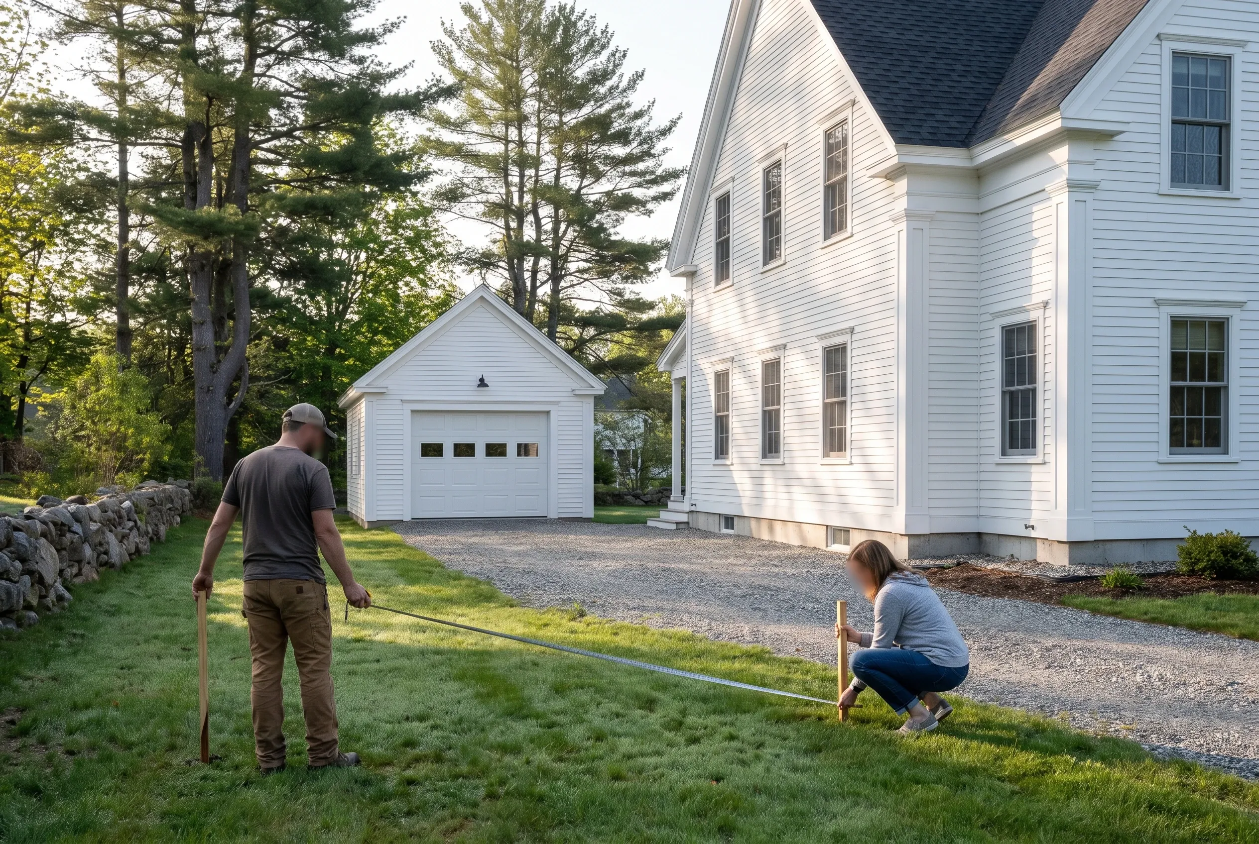 Two-bay detached garage in Hallowell, Maine: White vinyl-sided garage with dark roof situated next to white farmhouse. Two people measuring lawn with tape measure.