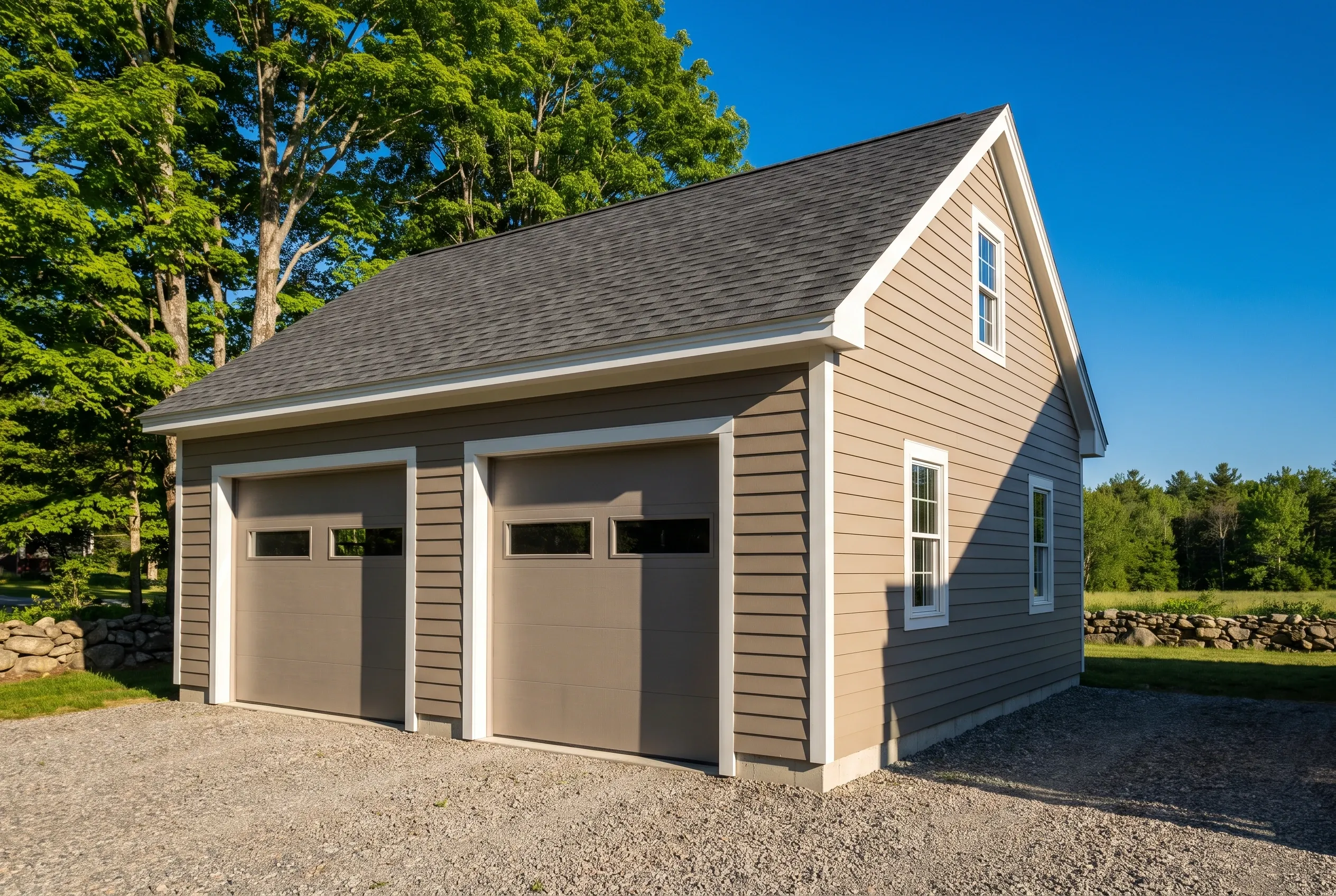 Two-bay detached garage in Hallowell, ME: Tan sided garage with two brown garage doors, gable roof, white trim, situated on gravel drive with trees and stone wall in background.