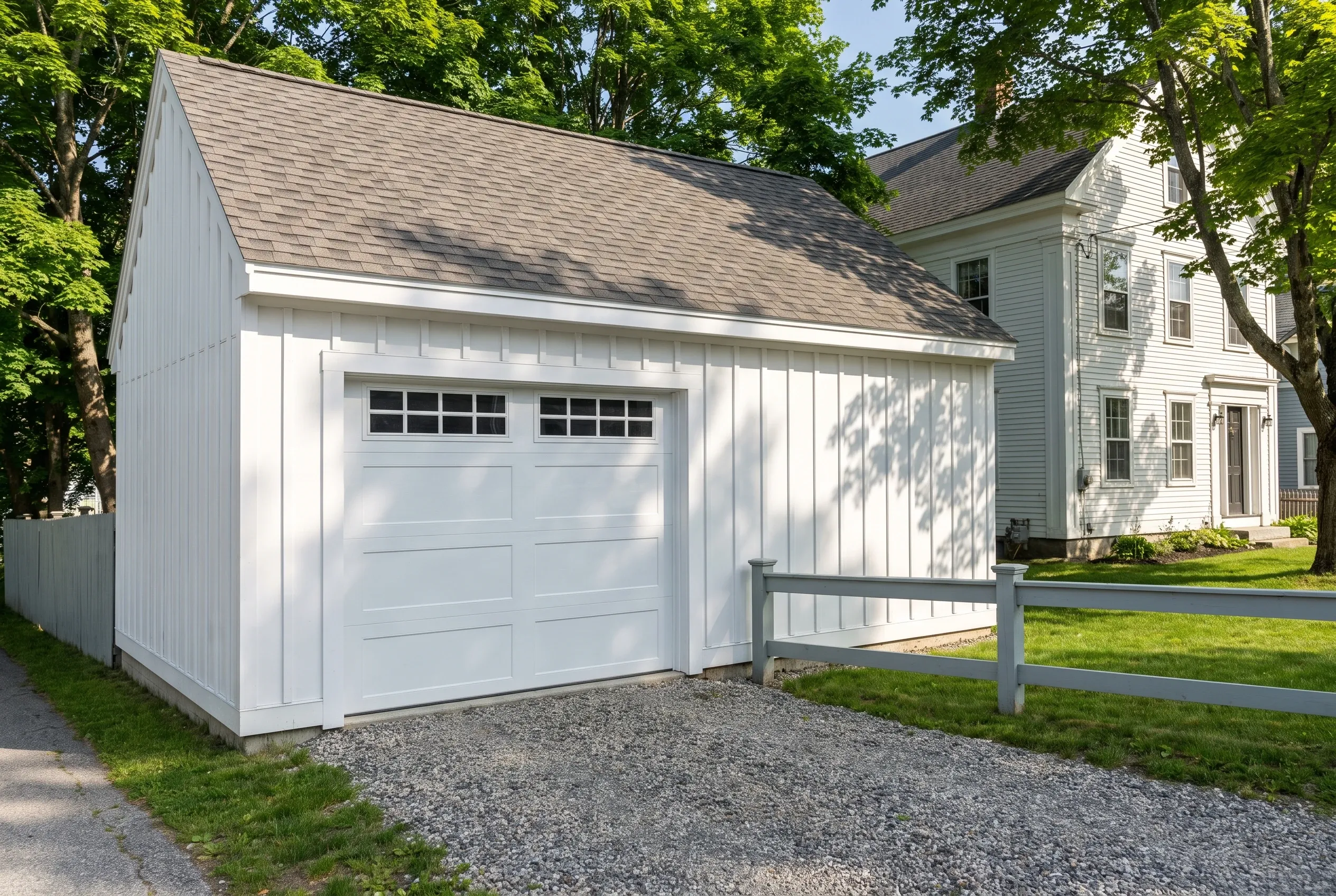 Detached two-bay garage in Hallowell, Maine: White single-story garage with two white garage doors, vertical siding, and gray shingle roof beside a white house with gray fence.