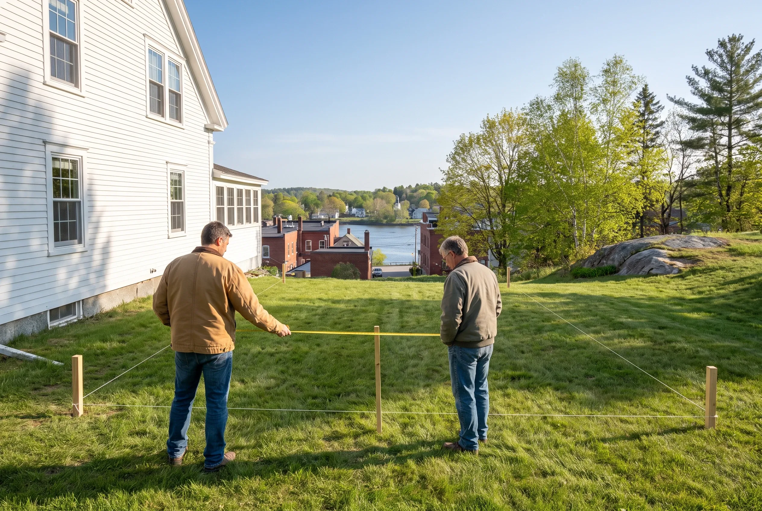 White residential home in Hallowell, ME: Two men measuring property with tape measure and wooden stakes on lawn, white house with windows visible, red brick buildings and water in background, trees and rocks in yard.