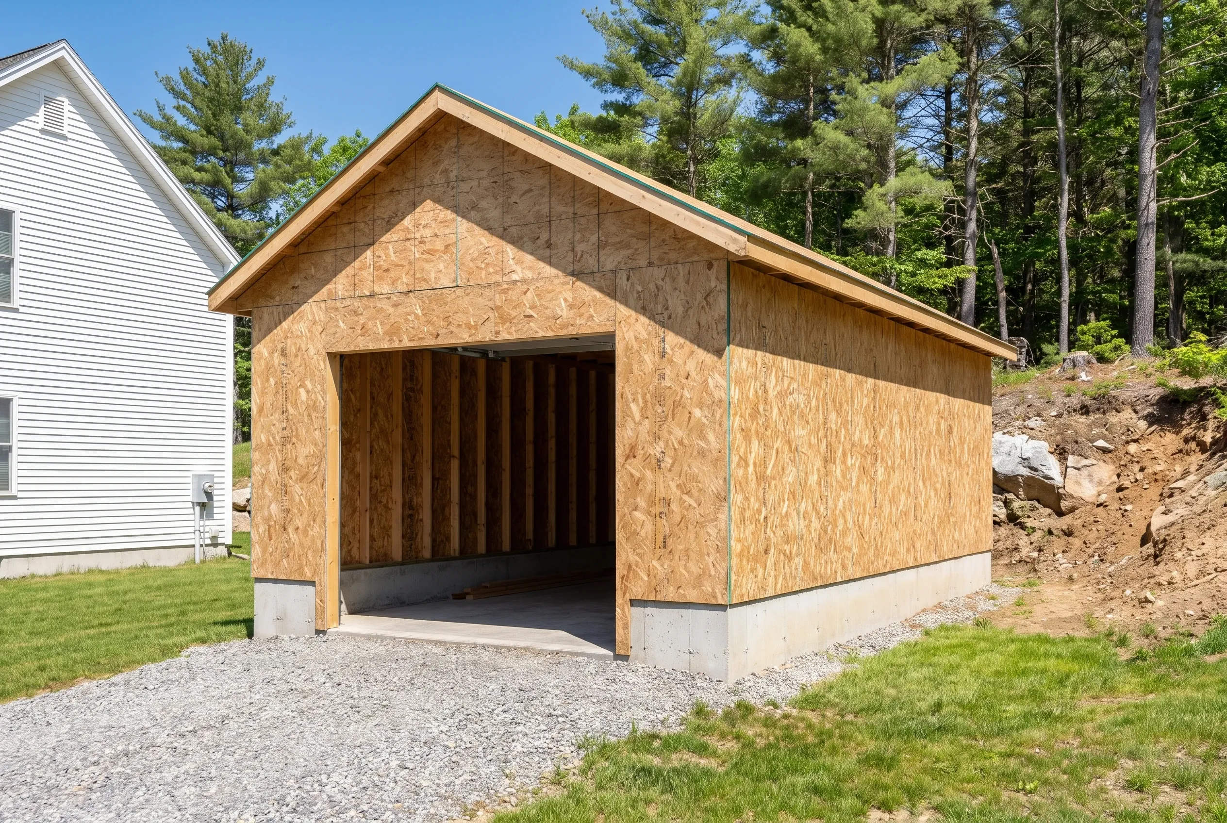 One-bay garage in Hallowell, ME: Single-bay garage with OSB siding, peaked roof, concrete foundation, gravel driveway, situated next to white house with pine trees in background.