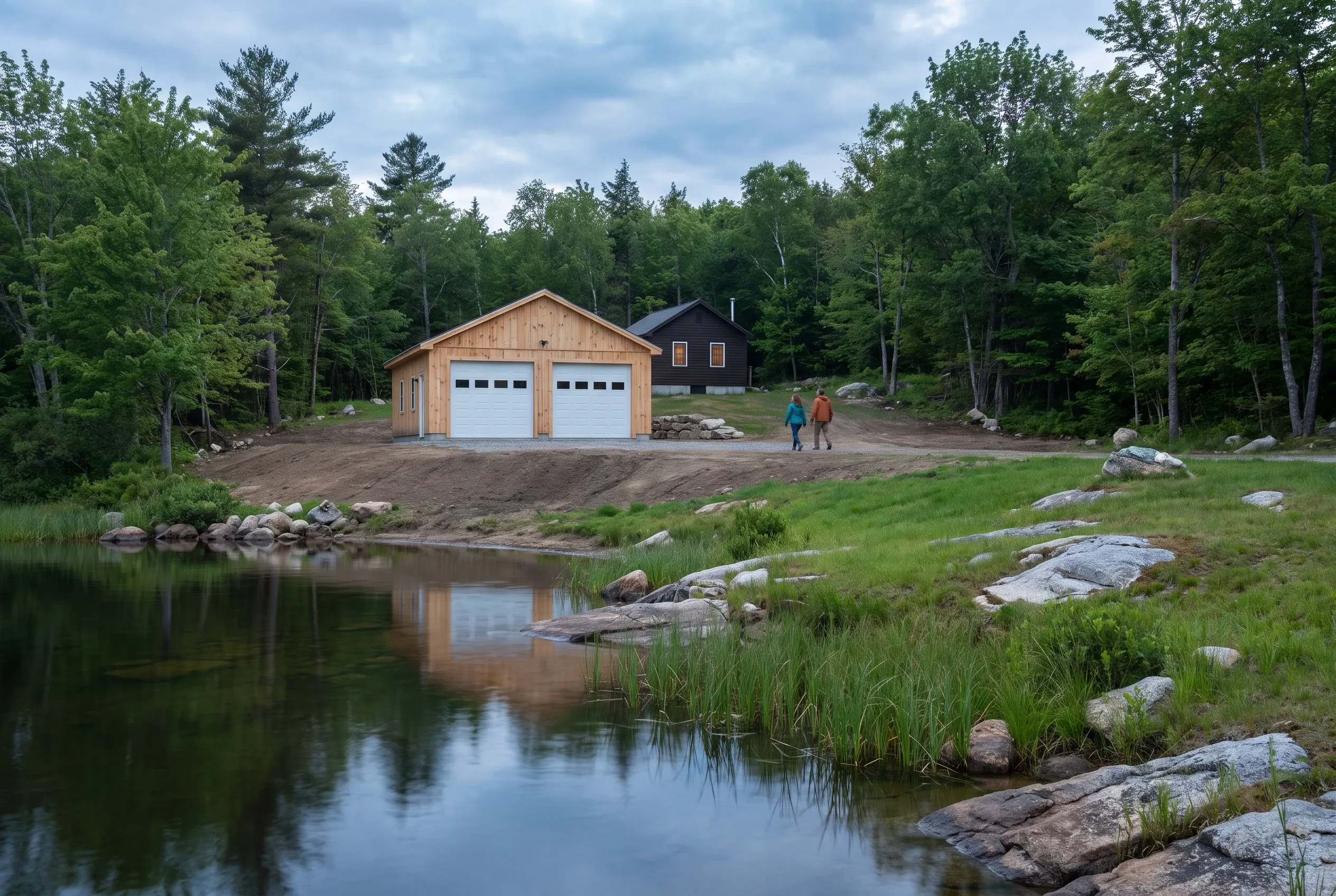 Detached two-bay garage in Litchfield, Maine: Wood-sided garage with white doors beside dark house, set on cleared lot near forest and pond, two people standing nearby.