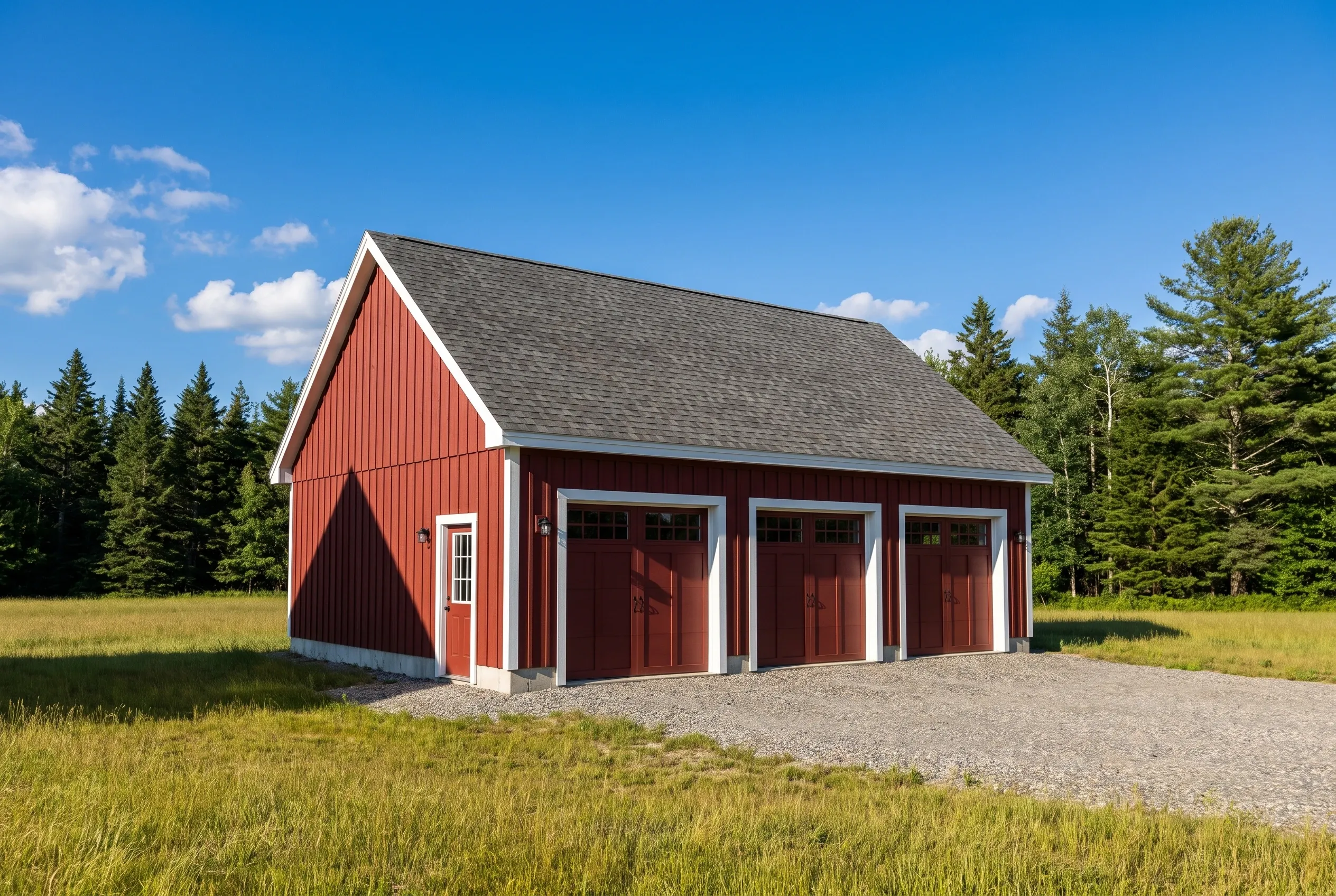 Garage builders in Litchfield, ME: Three-bay red and white garage with gray roof in rural setting surrounded by evergreen trees and grass field.