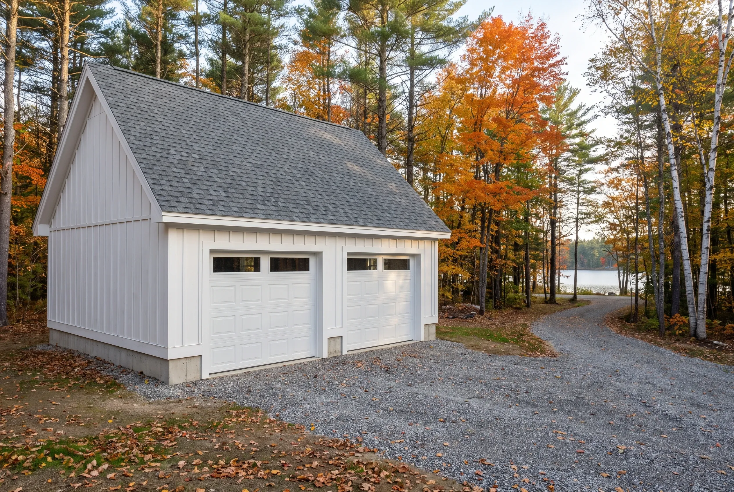Two-bay detached garage in Litchfield, Maine: White vertical siding garage with gray shingled roof, two white garage doors with windows, gravel driveway, surrounded by autumn trees and fall foliage.