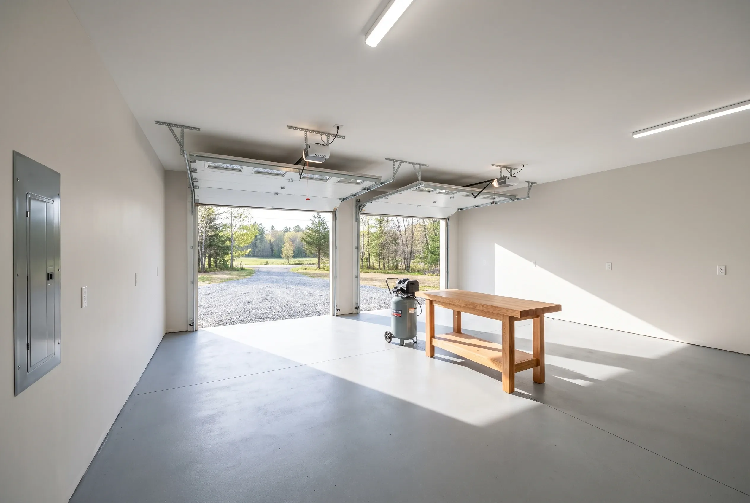 Detached two-bay garage in Litchfield, Maine: Interior view showing white walls, concrete floor, two open garage doors with visible driveway and trees beyond, wooden workbench, air compressor, fluorescent ceiling lights, and natural sunlight streaming in.