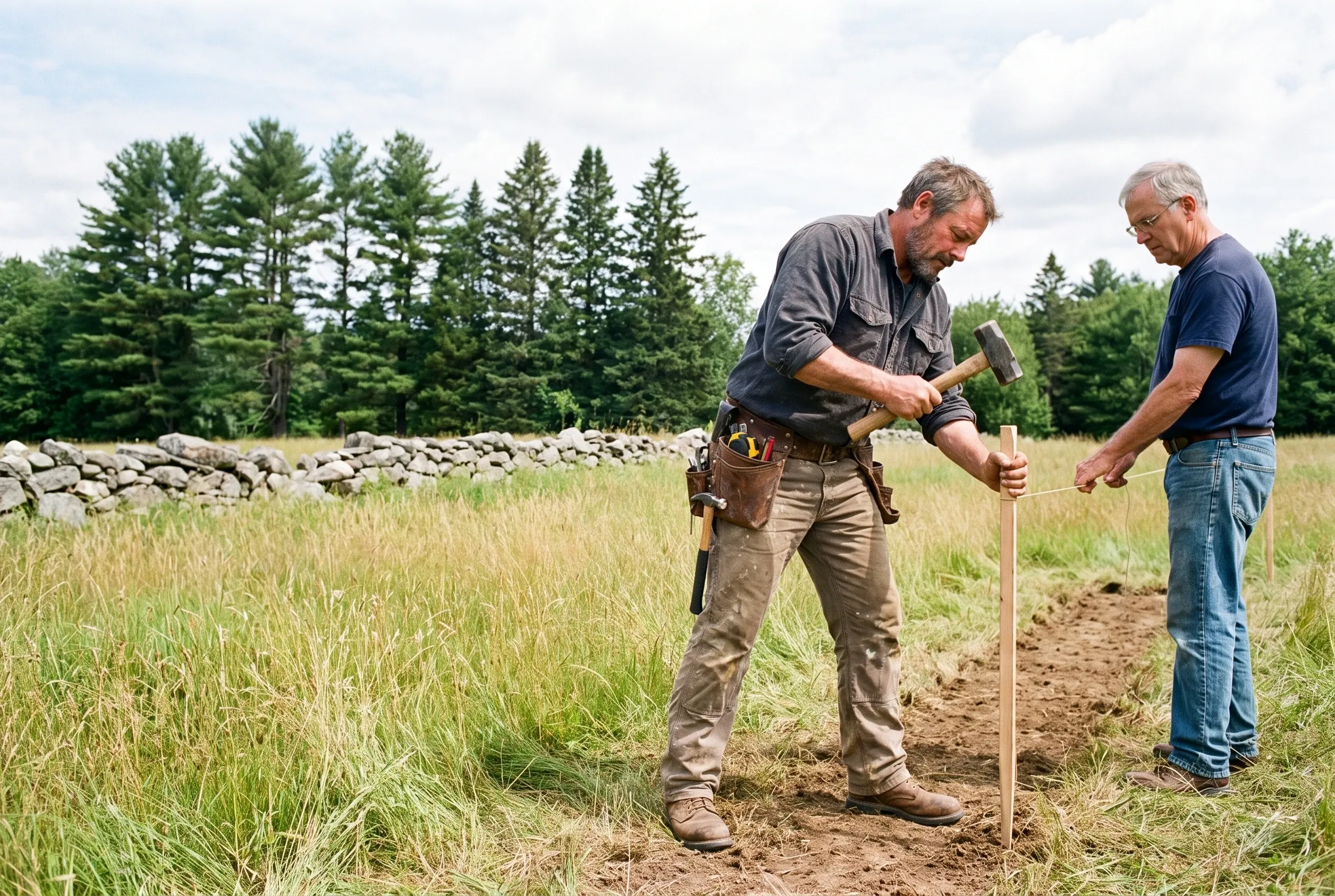 Tom Linkens driving a corner stake for a garage footprint while the homeowner holds the string line in a hayfield in Litchfield, Maine