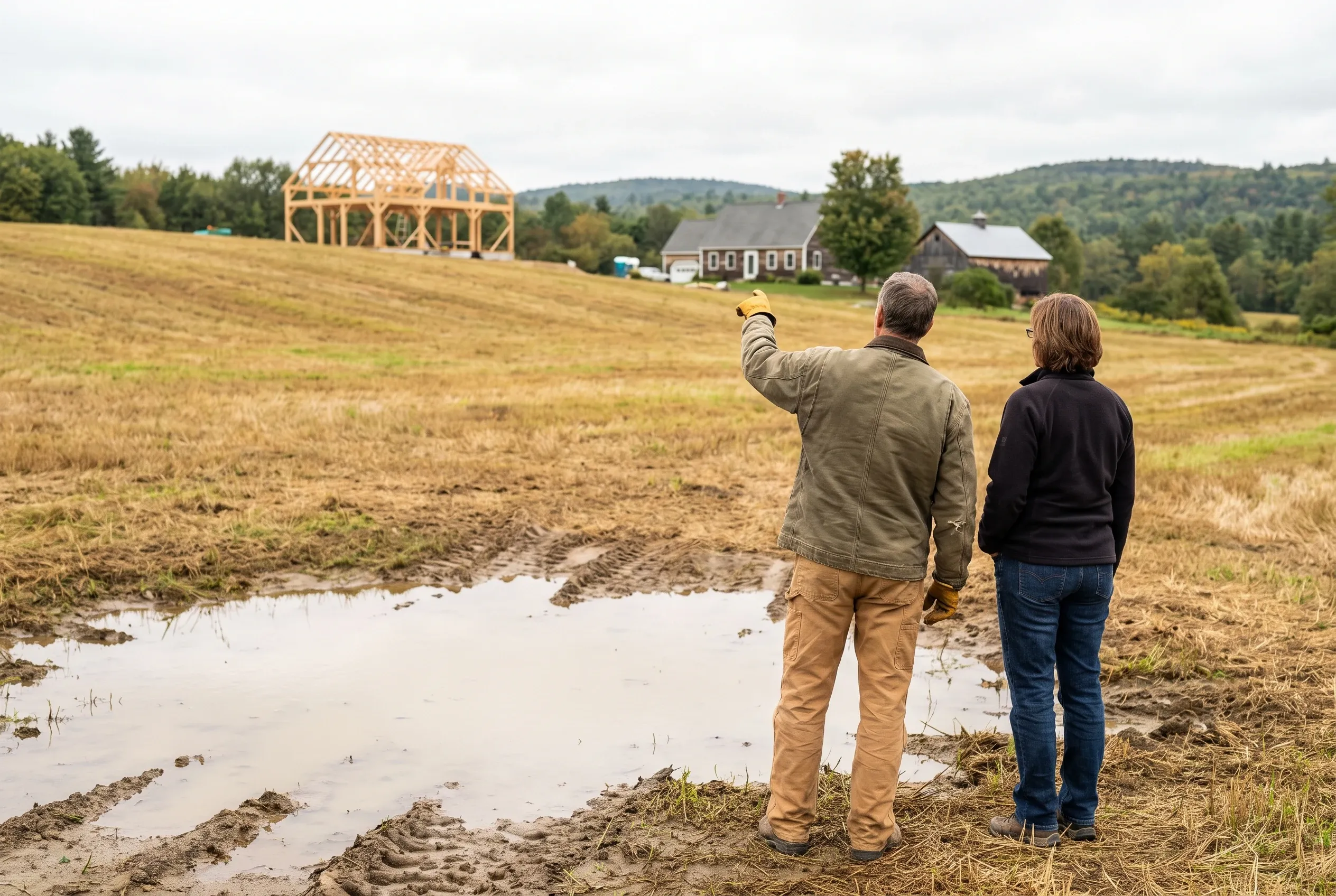 Timber frame garage in Litchfield, ME: Two people stand in a field pointing toward a wooden-frame garage under construction with a peaked roof, situated near farm buildings and forested hills.