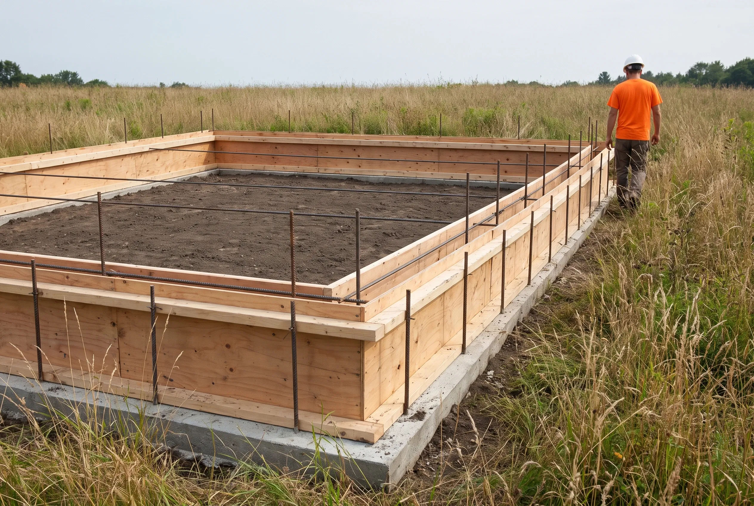 Raised garden bed structure in Litchfield, ME: Wood-framed raised beds with metal fencing under construction in open field, worker in orange shirt standing nearby.