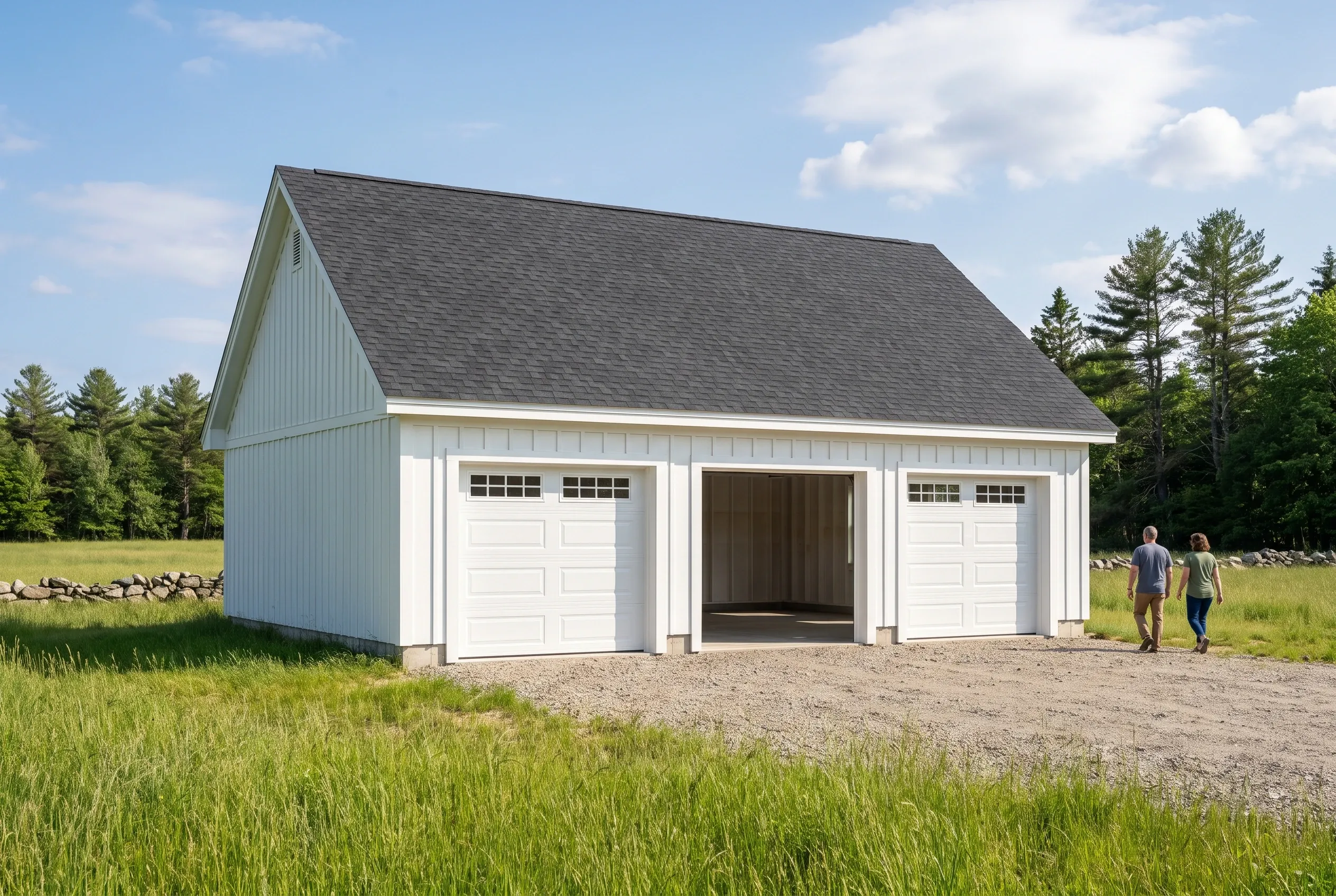 Three-bay detached garage in Litchfield, ME: White garage with gray roof and two white garage doors flanking a large open bay door, situated in a grassy field with evergreen trees in background and two people walking nearby.