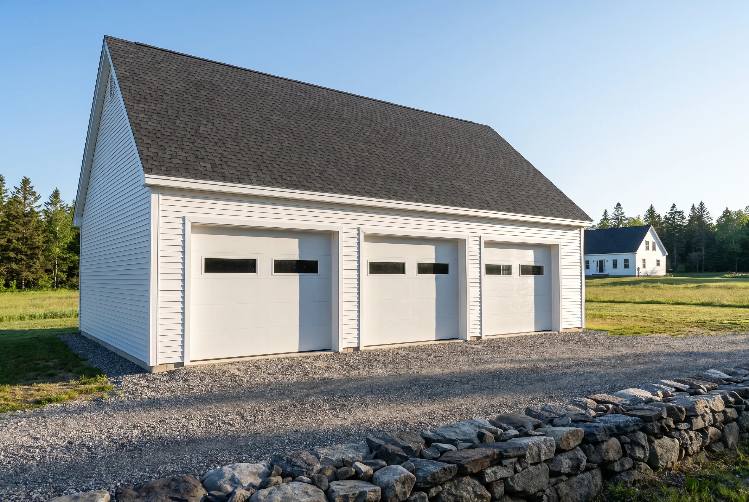 Three-bay garage in Litchfield, Maine: White vinyl sided garage with dark shingle roof and three white garage doors, situated on gravel driveway with stone wall in foreground and rural setting.