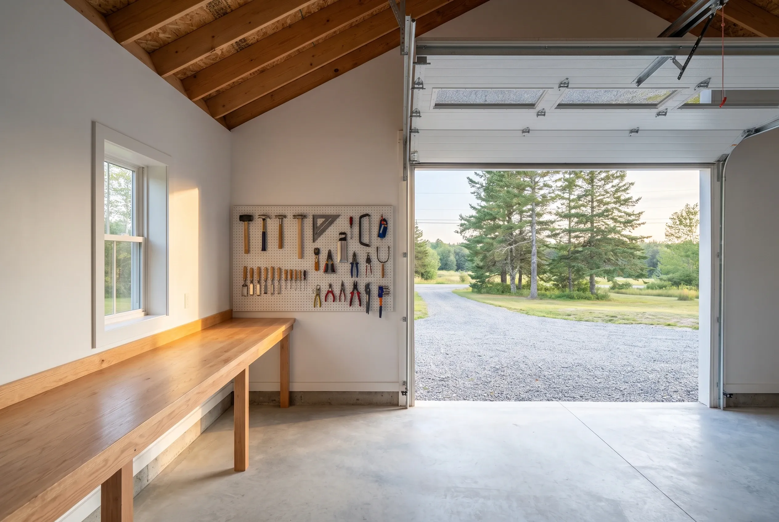 Detached one-bay garage in Litchfield, Maine: Interior view showing wooden workbench, pegboard tool storage, exposed beam ceiling, concrete floor, and open garage door with rural driveway and pine trees visible outside.