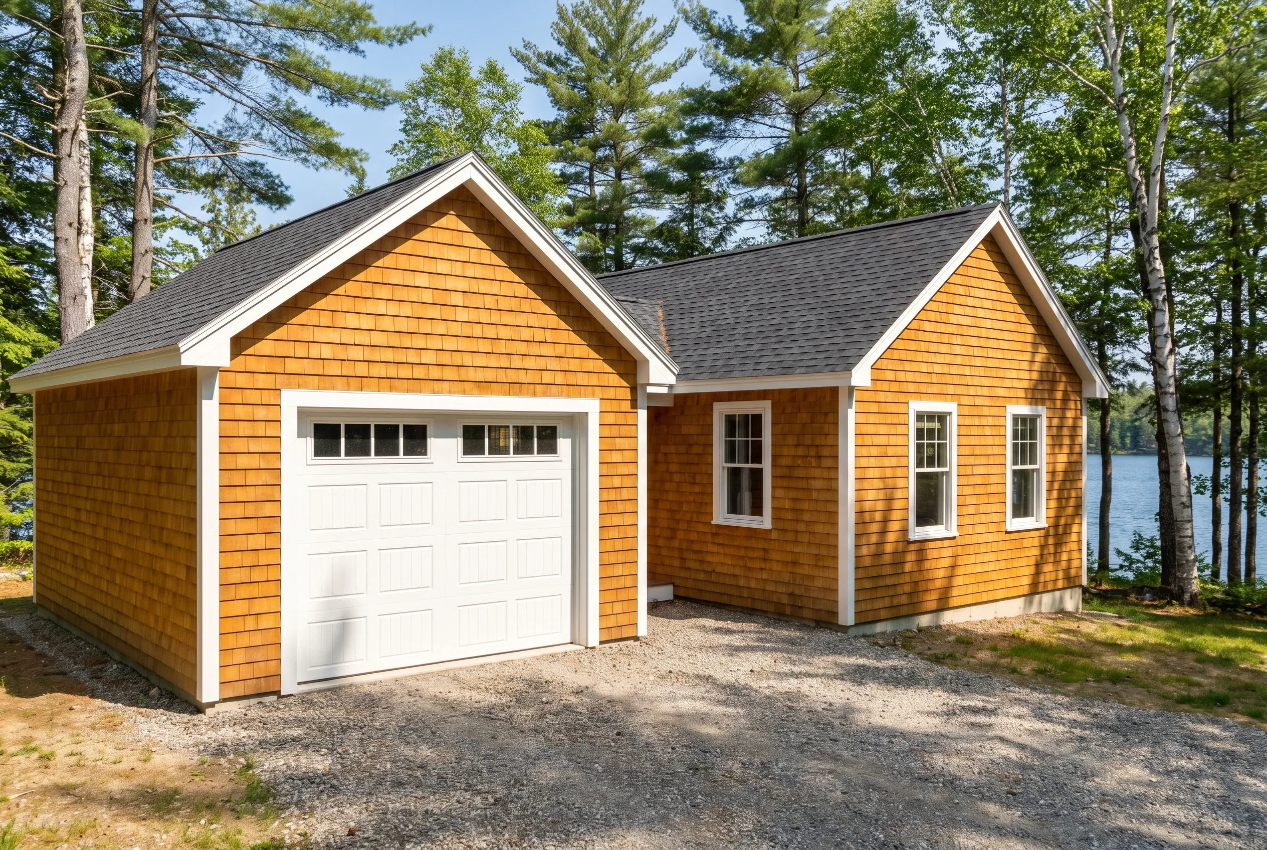 Detached two-bay garage in Manchester, ME: Orange cedar shake sided garage with white trim and white garage doors, attached to a small residential cottage, surrounded by tall pine trees with water visible in the background.