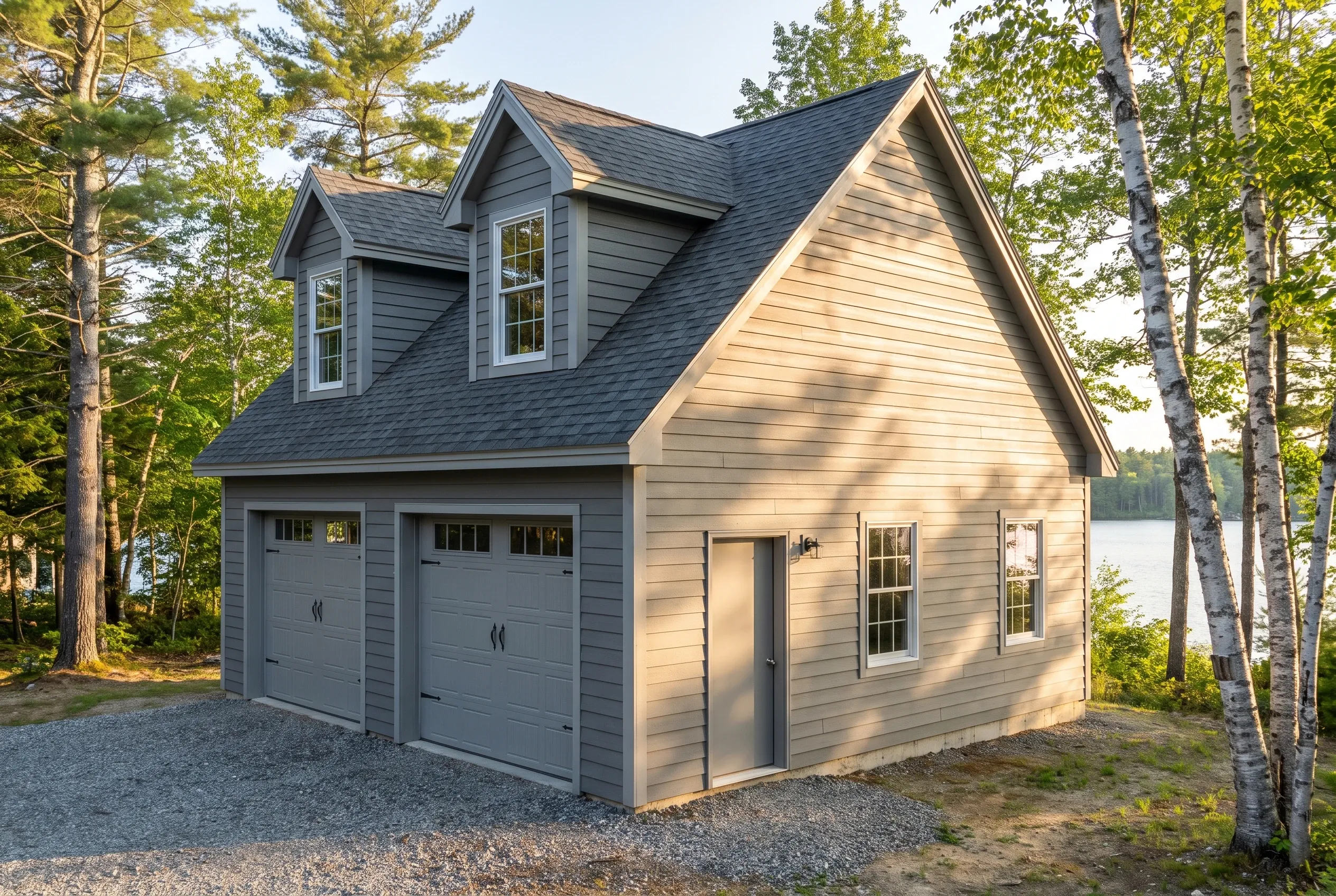 Two-bay detached garage in Manchester, ME: Gray two-bay garage with peaked roof and dormers, tan siding, gravel driveway, surrounded by tall trees and water visible in background.