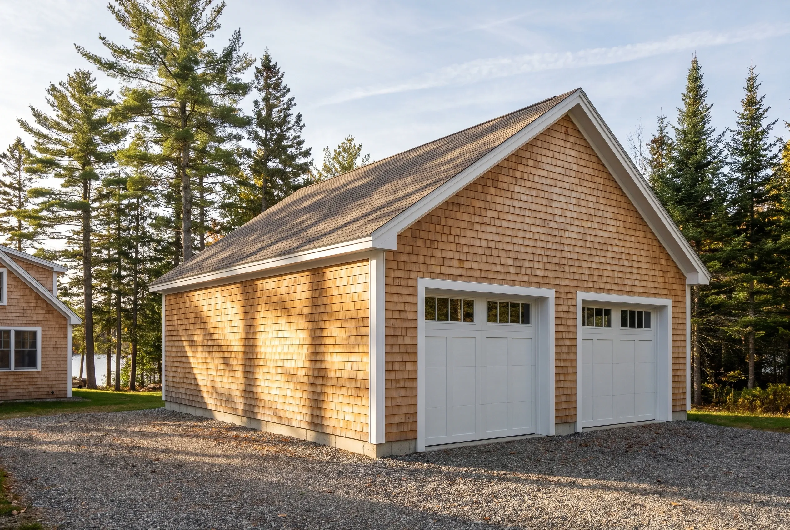 Garage builders in Manchester, ME: Two-bay garage with cedar shake siding, white trim, white garage doors, and shingled roof surrounded by pine trees.