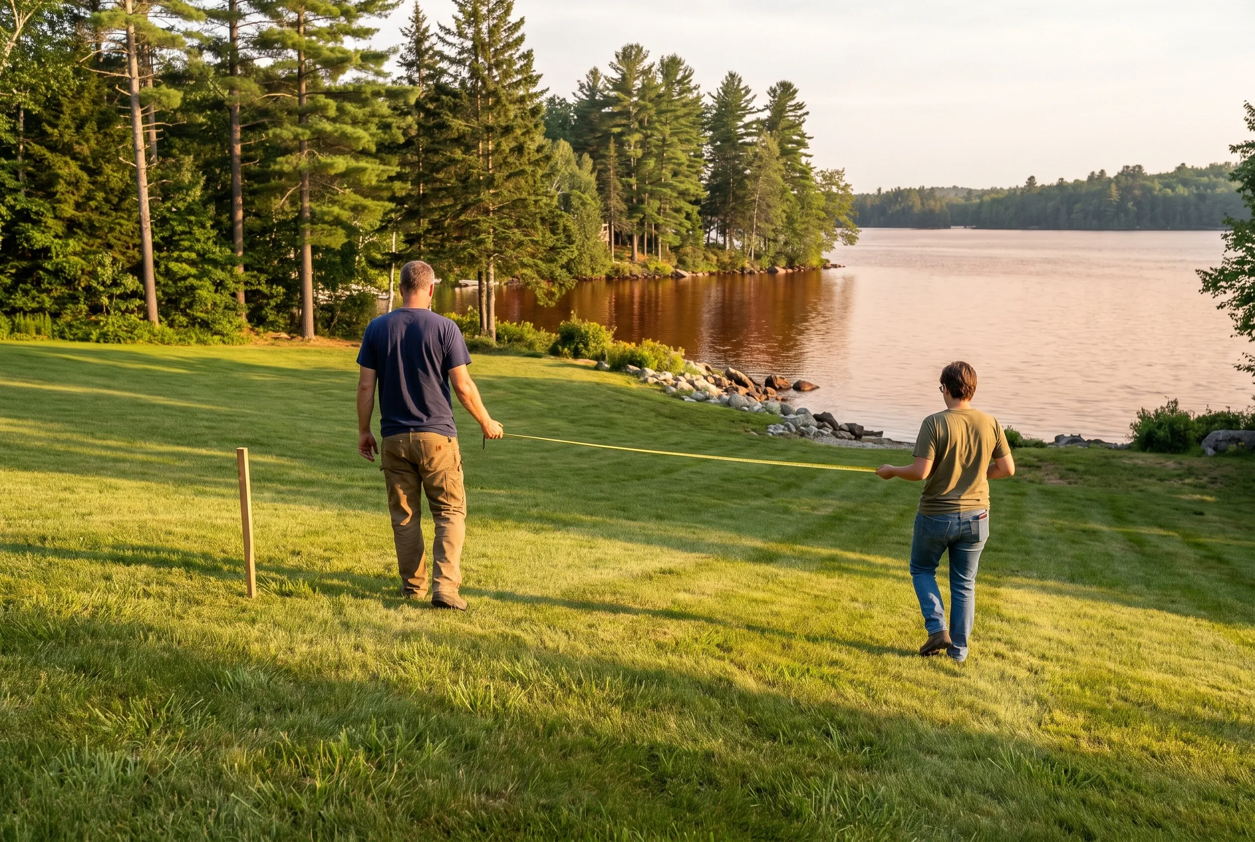 Lakeside property in Manchester, ME: Two people walking on grass lawn overlooking calm water with evergreen forest across the lake.