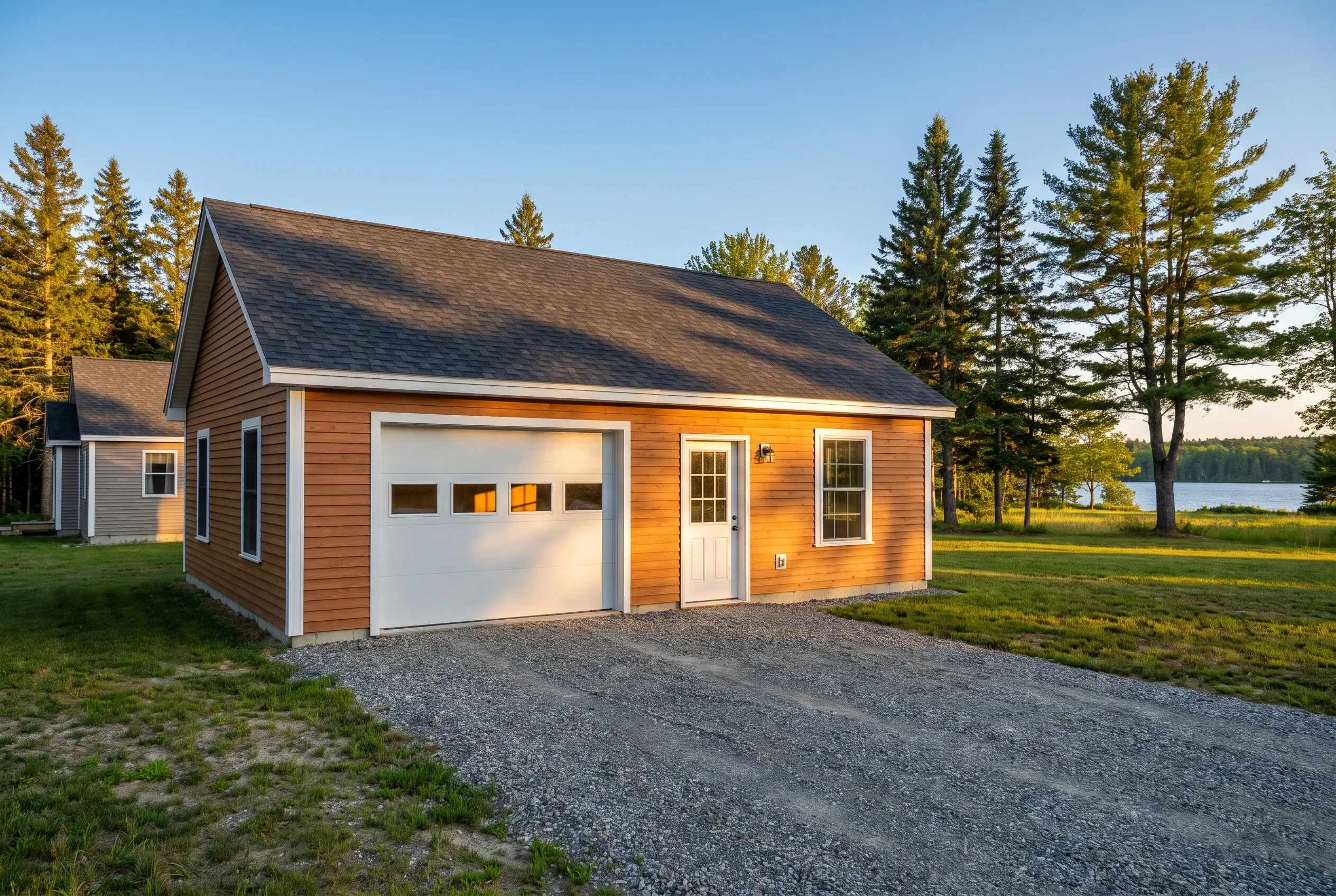 One-bay garage in Manchester, Maine: Single-bay garage with brown siding and dark roof, white garage door, white entry door, two windows, situated on gravel driveway with green lawn, pine trees, and lake view in background.