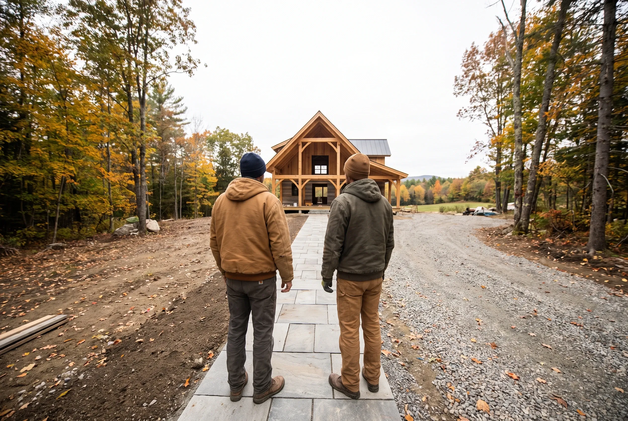 Two-story timber frame home in Manchester, ME: Two people in hoodies walking toward a wood-sided house with metal roof in autumn forest setting.
