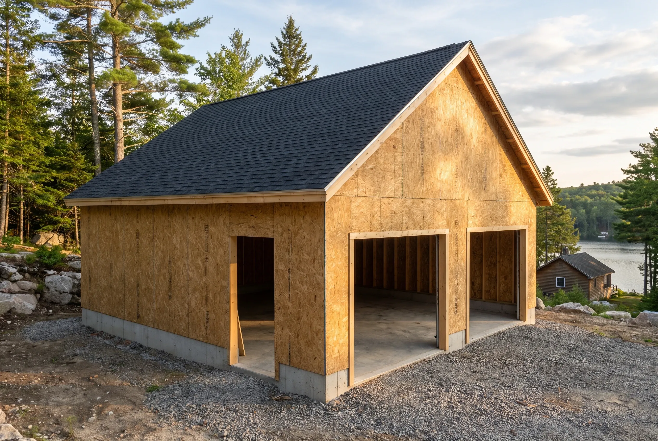 Two-bay garage in Manchester, Maine: New wood-sided garage with dark shingle roof, open bay doors, concrete foundation, set among pine trees beside a lake with boathouse visible.