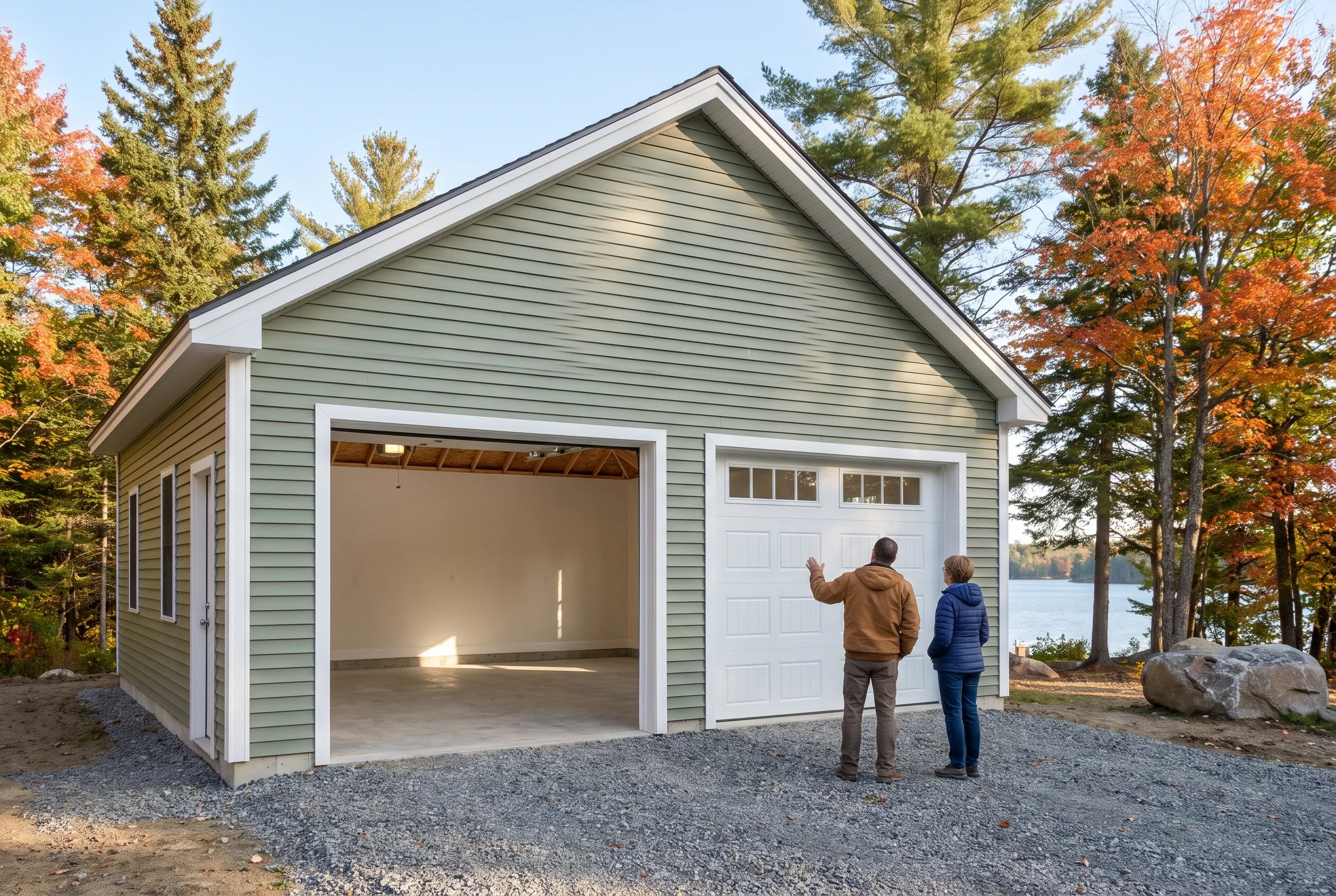 Two-bay detached garage in Manchester, Maine: Green sided garage with white trim and peaked roof. One bay door open, one closed. Two people standing in driveway looking at building. Autumn foliage and water visible in background.
