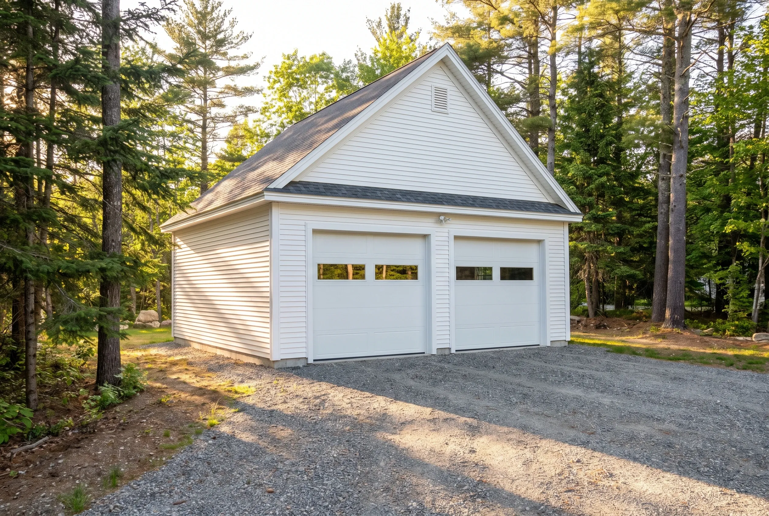 Two-bay garage in Manchester, Maine: White vinyl-sided two-car garage with dark roof situated on gravel driveway surrounded by tall pine trees in wooded setting.