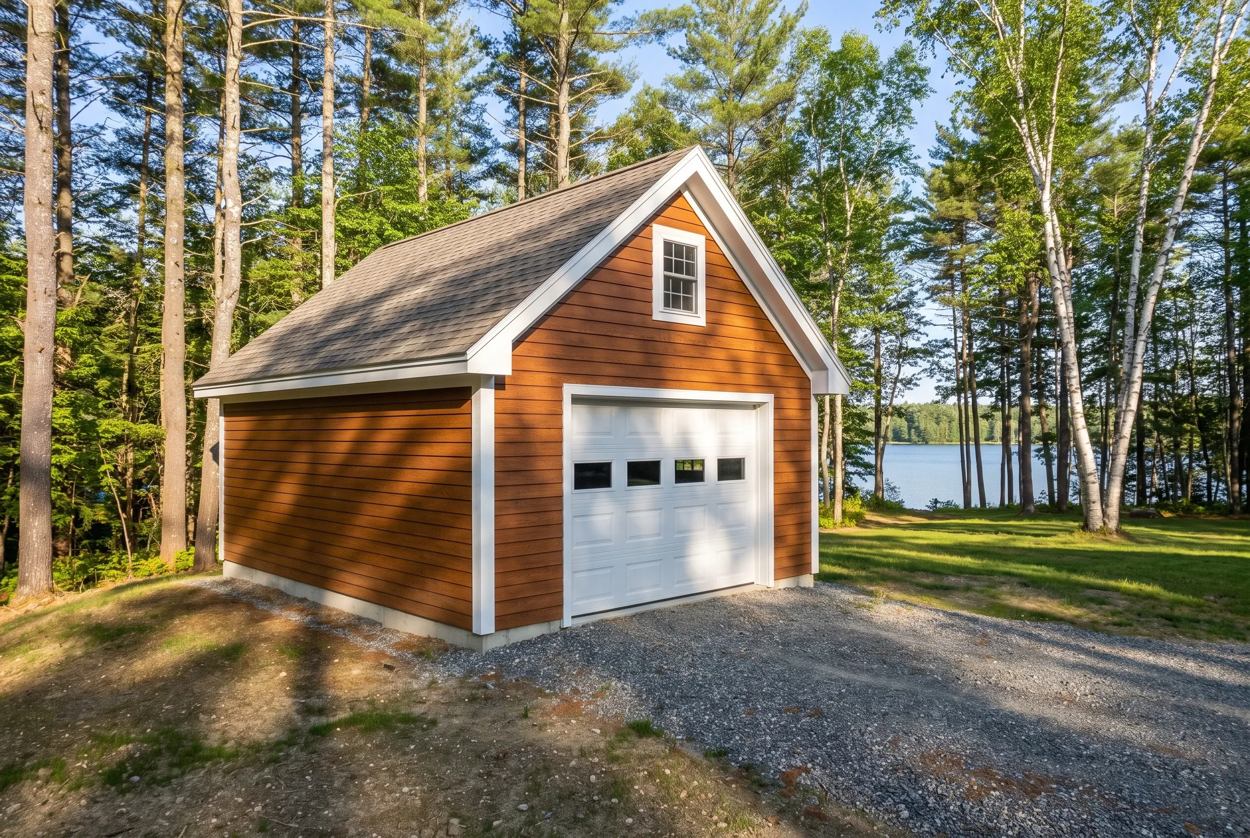 Single-bay garage in Monmouth, Maine: Orange cedar-sided garage with white trim and white garage door, pitched roof with dormer window, situated on gravel driveway surrounded by tall pine trees with lake visible in background.