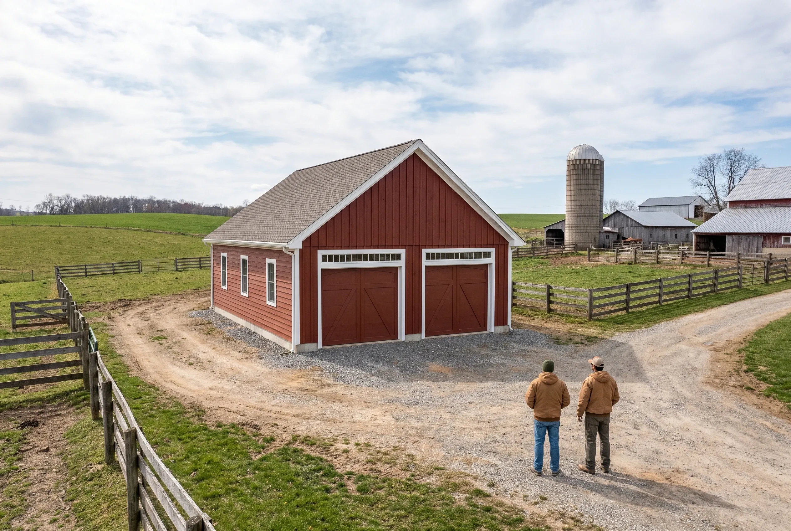 Two-bay garage in Monmouth, Maine: Red board-and-batten garage with white trim and gray asphalt shingle roof on gravel driveway. Two people in brown jackets stand viewing the building. Rural farm setting with fencing, green fields, and farm buildings in background.