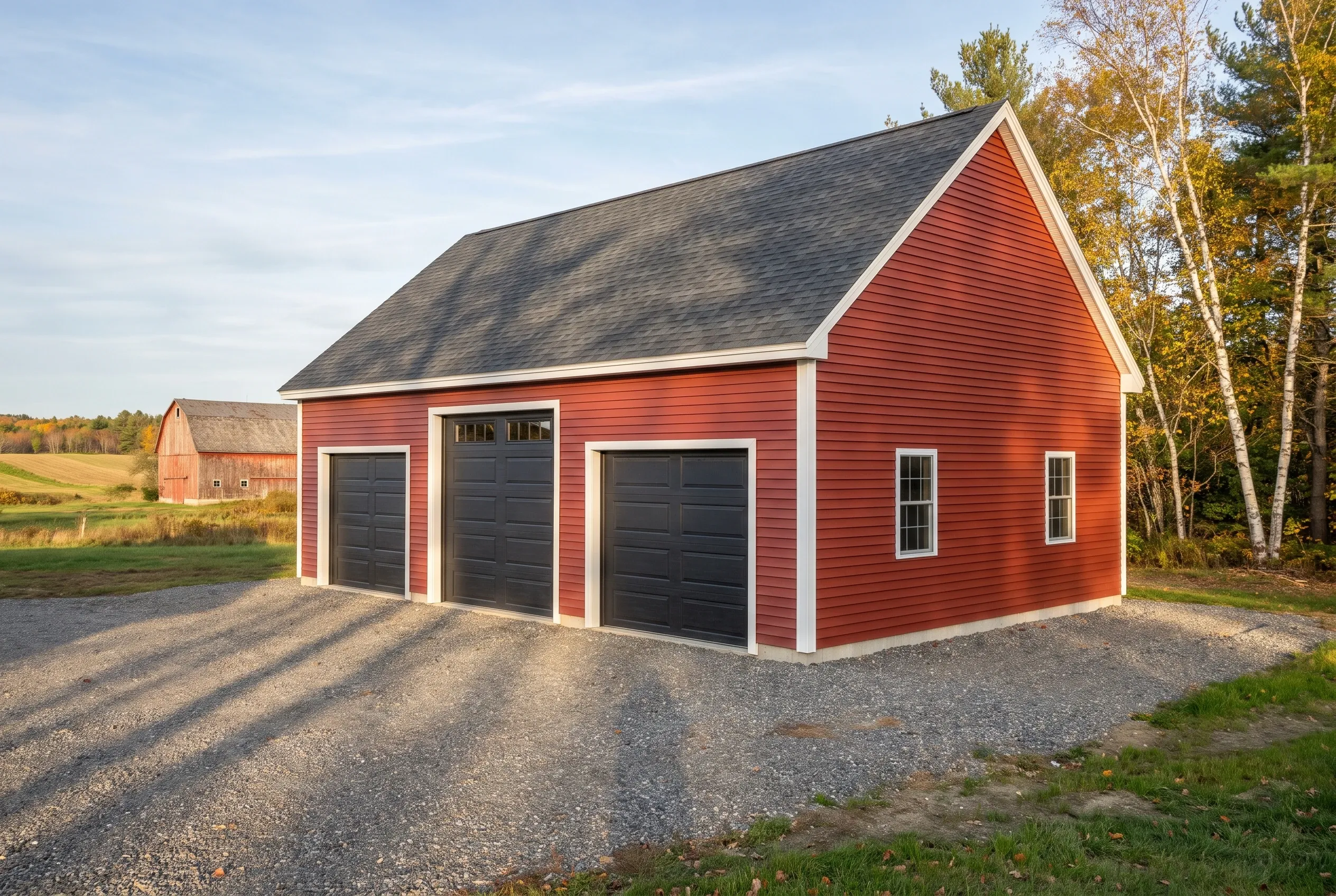 Three-bay red garage in Monmouth, Maine: Red-sided garage with three black garage doors, white trim, and gray roof situated on gravel driveway with autumn trees and farm buildings nearby.