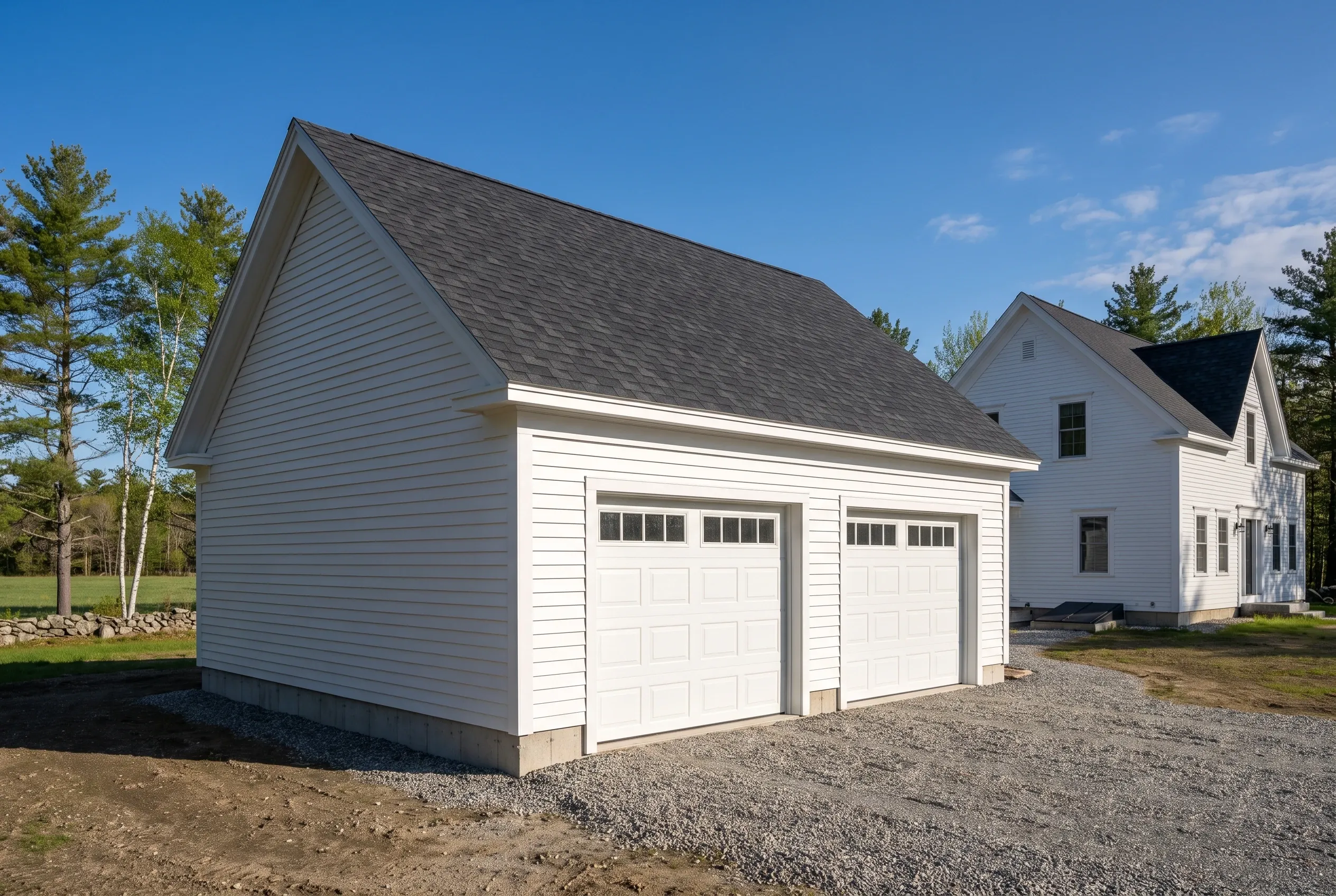 Garage builders in Monmouth, ME: Two-bay white vinyl-sided garage with dark shingle roof next to residential home on gravel driveway with trees.